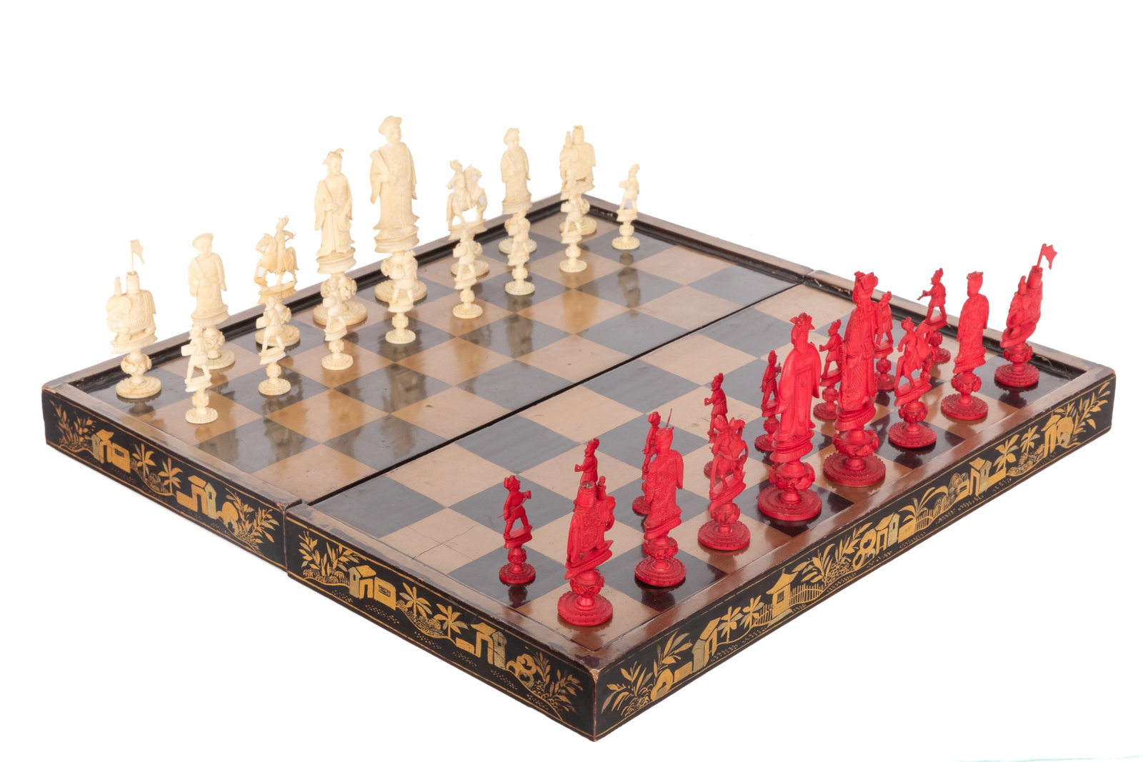 19th C CHINESE EXPORT CHESS SET AND BOARD: Chinese lacquer collapsible chess board with carved white and stained figure chess pieces. Interior is a backgammon board, no pieces.
