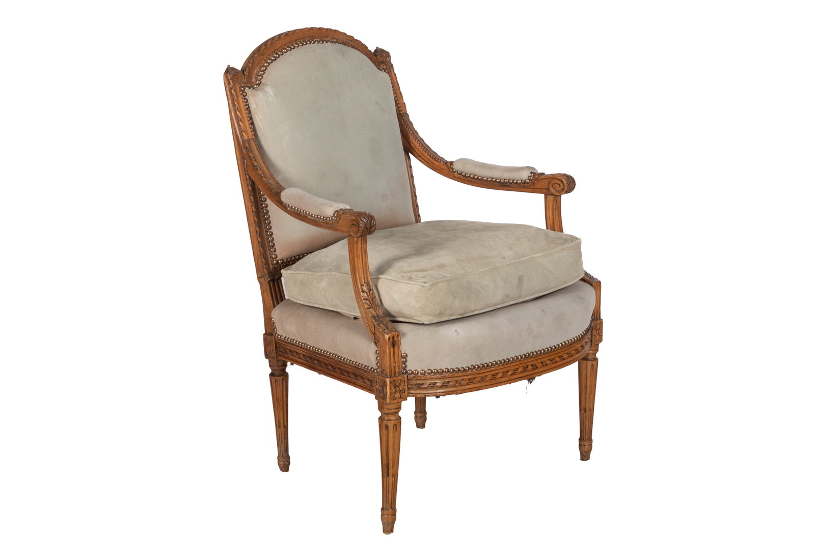 PERIOD FRENCH LOUIS XVI ARMCHAIR: Carved fruitwood frame, modern suede upholstery and studding, tufted back, French, 18th / early 19th C. H 36in x W 24in x D 21in