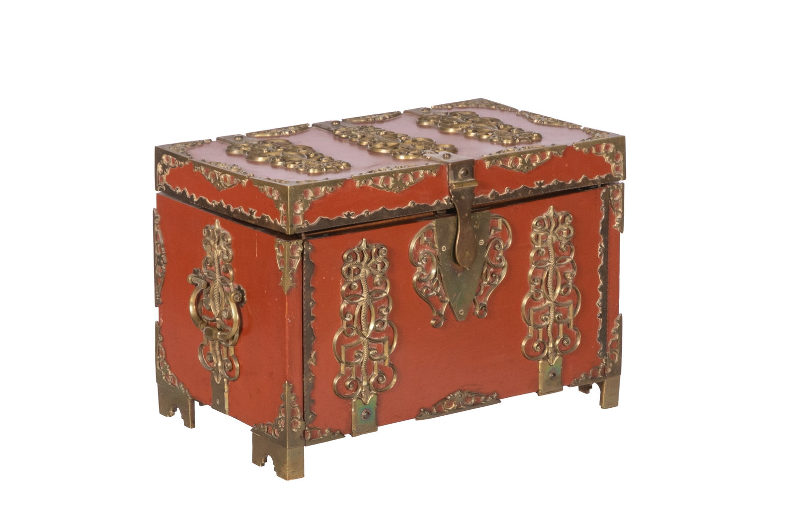 FRENCH BRASS MOUNTED LACQUER COFFER CHEST: Red lacquer painted box with brass mounts, wood interior with fitted drawers an a period mirror after a 17th C example, probably French, 19th C. H 10 1/2" x W 15" x D 9"