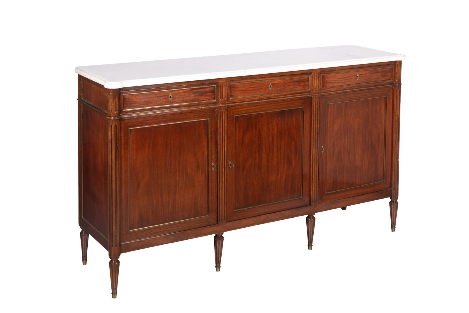 ANTIQUE FRENCH MARBLE TOP SERVER BUFFET: Mahogany with brass banding, three cupboard doors beneath drawers, white marble top. French, early 20th C. H 40 1/2in x W 70in x D 19in