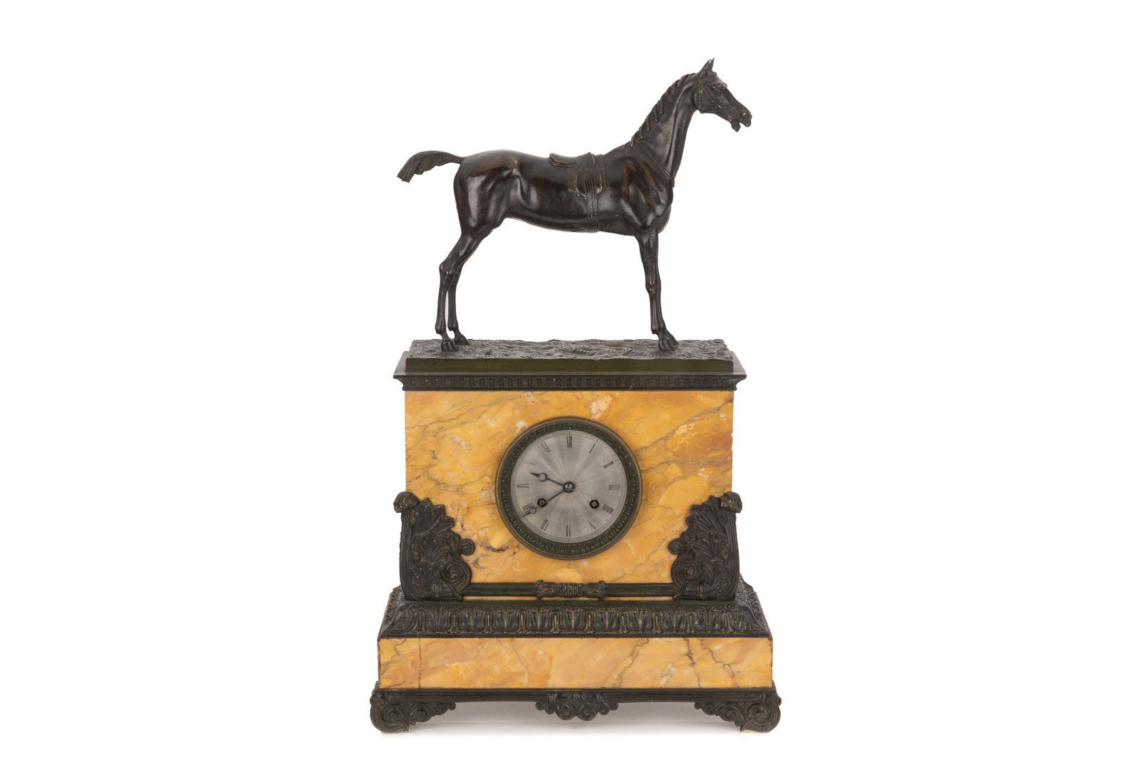 FRENCH RESTORATION AU CHEVAL MARBLE & BRONZE CLOCK: Siena yellow marble with patinated bronze mounts and horse finial top, French, 19th C.