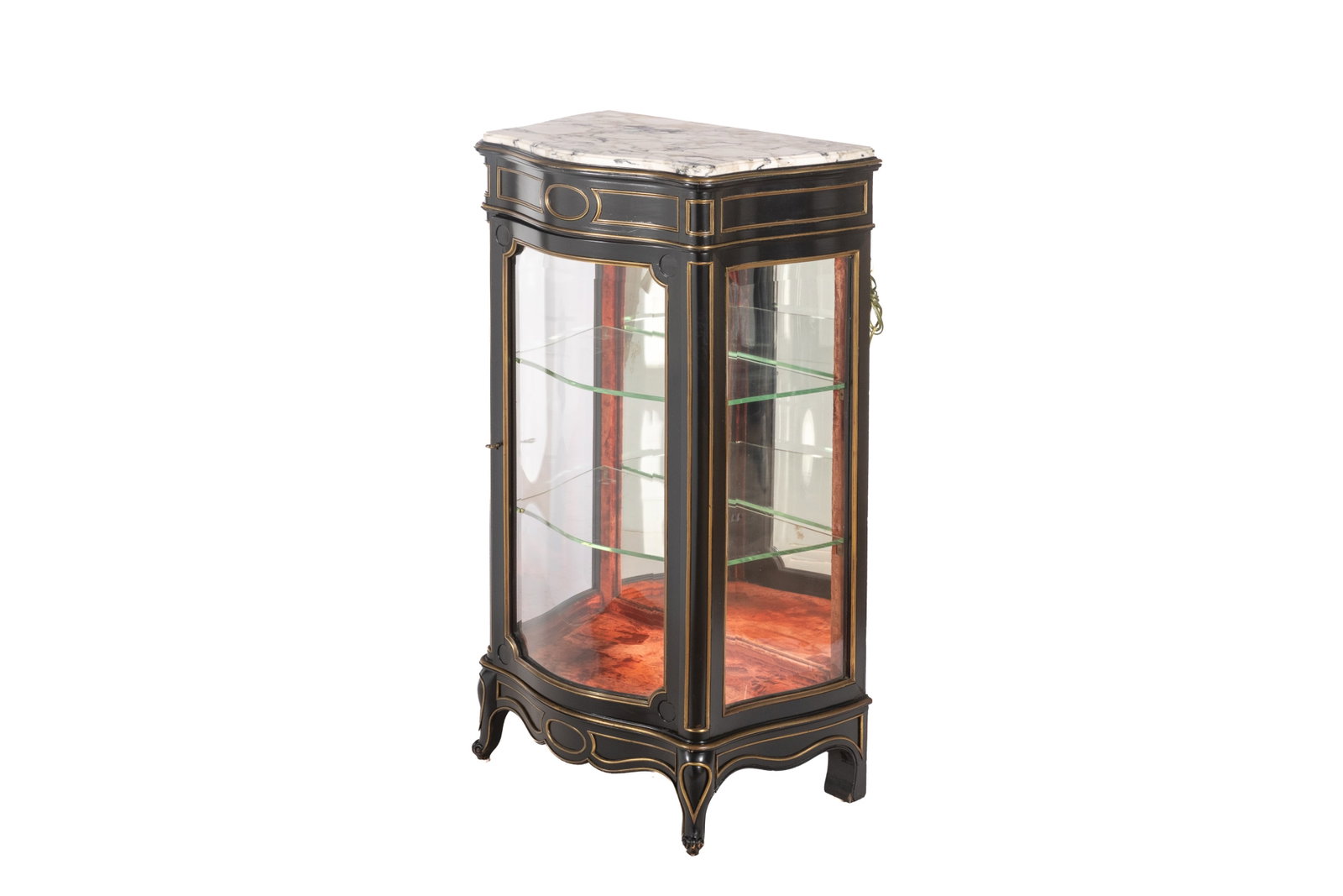 ANTIQUE FRENCH EBONIZED DISPLAY CABINET: Brass banded with glass shelves and mirrored backed interior, white marble top. French, 19th C. H 44in x W 24in x D 15 1/2in