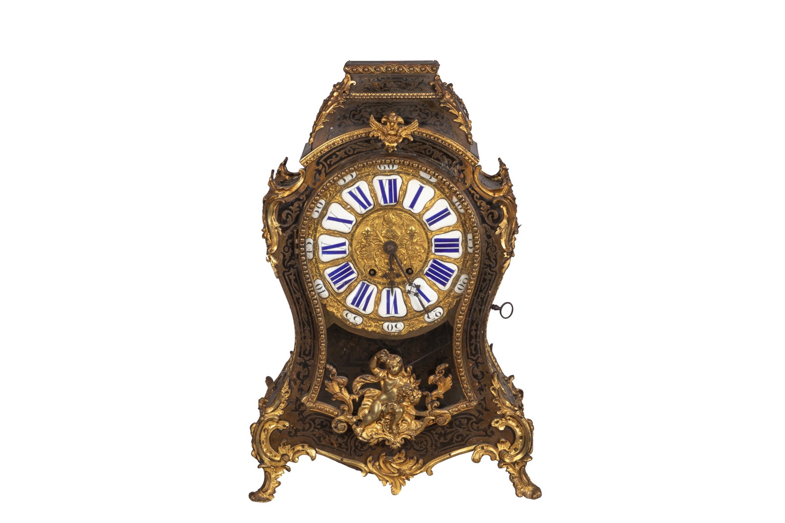 FRENCH LOUIS XV STYLE BOULLE MANTLE CLOCK: 19th/20th century. Ebonized and cut-brass marquetry case and matching bracket with gilt-bronze mounts. Surmounted by a winged putti finial (lacking base), with enamel cartouche dial, bell-striking