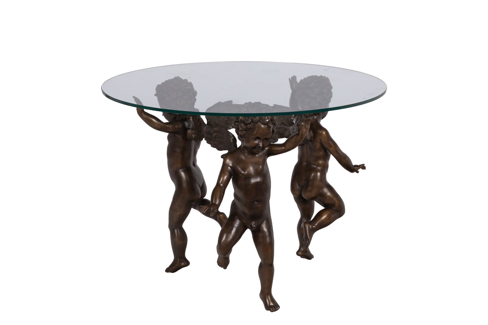 BRONZE FIGURAL SIDE TABLE: Three standing winged putti supporting a glass top, modern. H 25in x Dia 33in