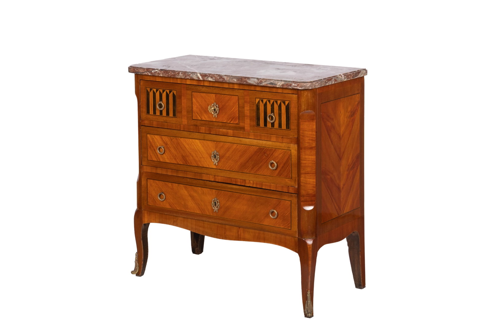 TRANSITIONAL STYLE ANTIQUE FRENCH COMMODE: Fruitwood with mixed inlay, bronze escutcheons, verigated pink marble top, French, 19th C. H 31in x W 32in x D 16in