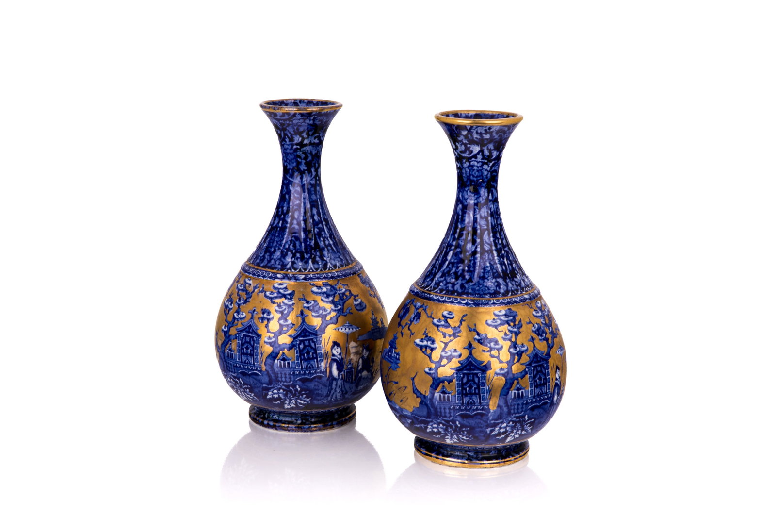 PAIR OF ENGLISH SOFT PASTE BLUE TRANSFERWARE VASES: A pair of English soft paste blue transferware Chinoiserie vases by James Kent, Ye Olde Foley Ware, Fenton, circa 1910. H. 11in (28cm)