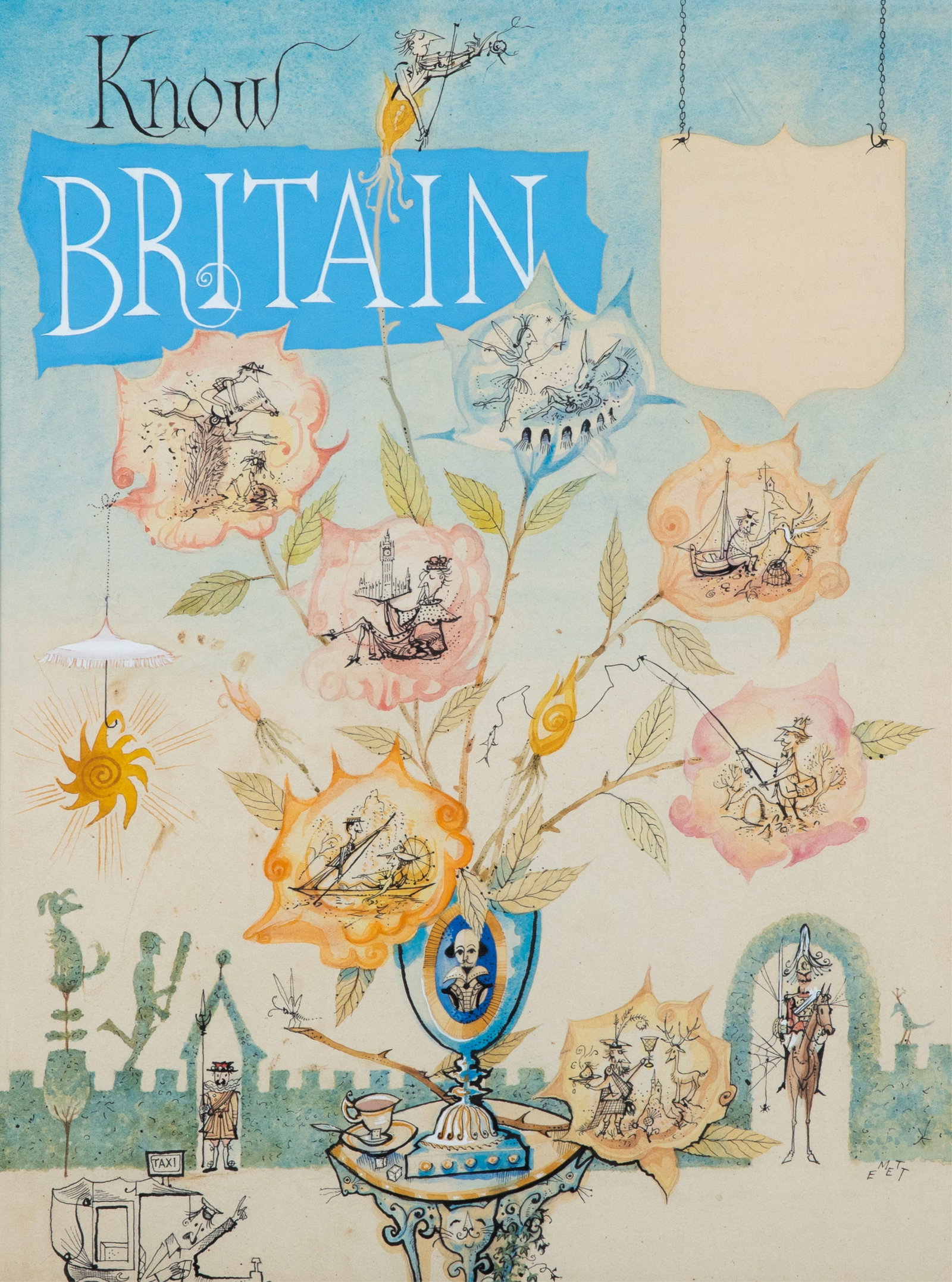 ROWLAND EMETT (British, 1906-1990): Know Britain Travel Guide Cover Watercolour Signed bottom right Sight measurements: H. 18 1/8" x W. 13"