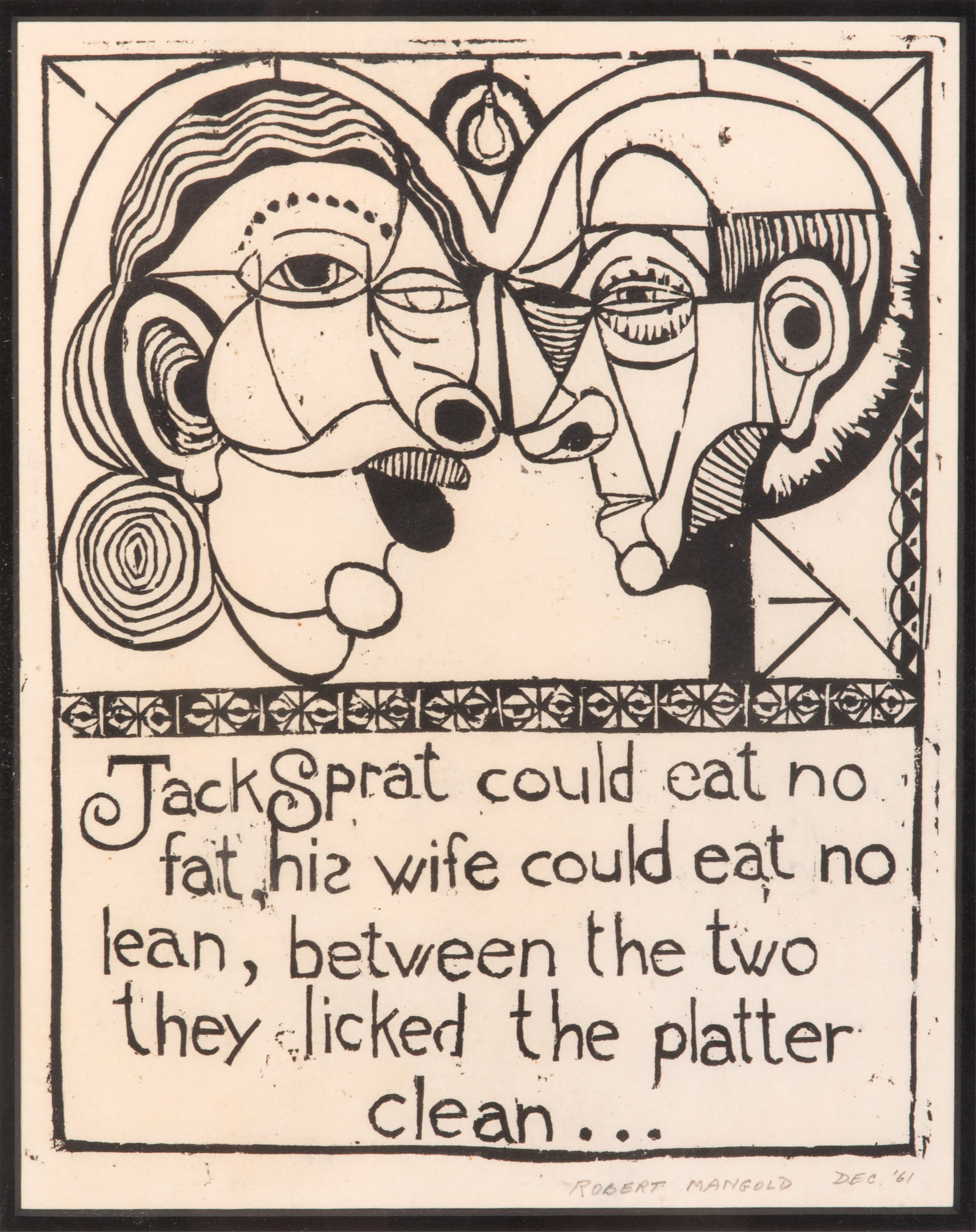 ROBERT MANGOLD (American, b. 1937): Jack Sprat (1961) Woodcut Signed and dated bottom right Sight measurements: H. 12 1/4" x W. 9 1/2"