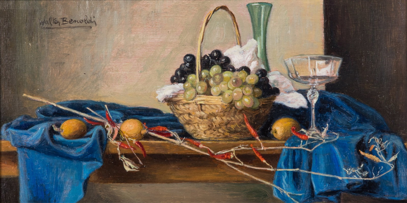WALTER BENOLDI (Italian, 1914-1985): Still life with fruit Oil on wood Signed upper left H. 6" x W. 12"