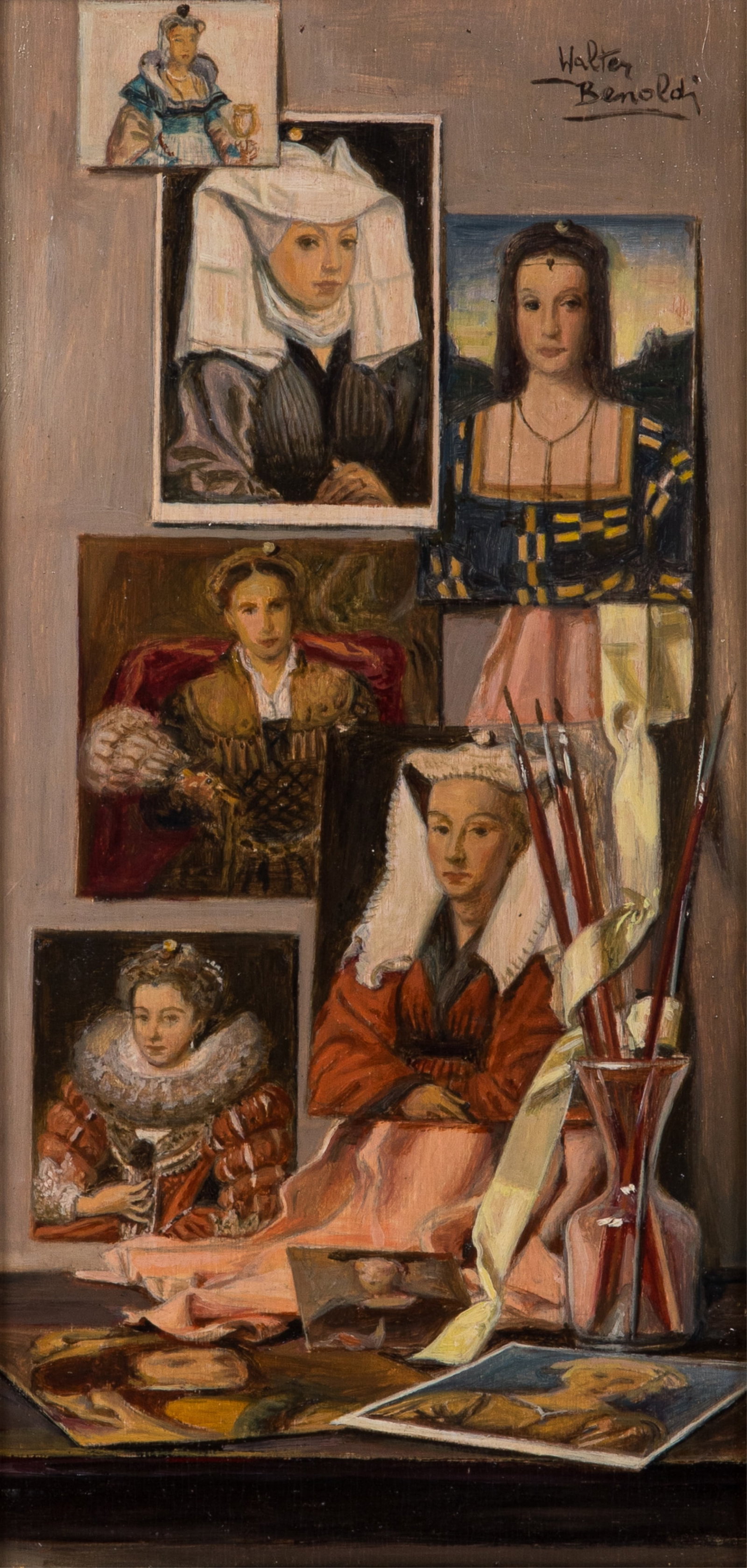 WALTER BENOLDI (Italian, 1914-1985): Still life with portraits Oil on wood Signed upper right H. 12" x W. 6"