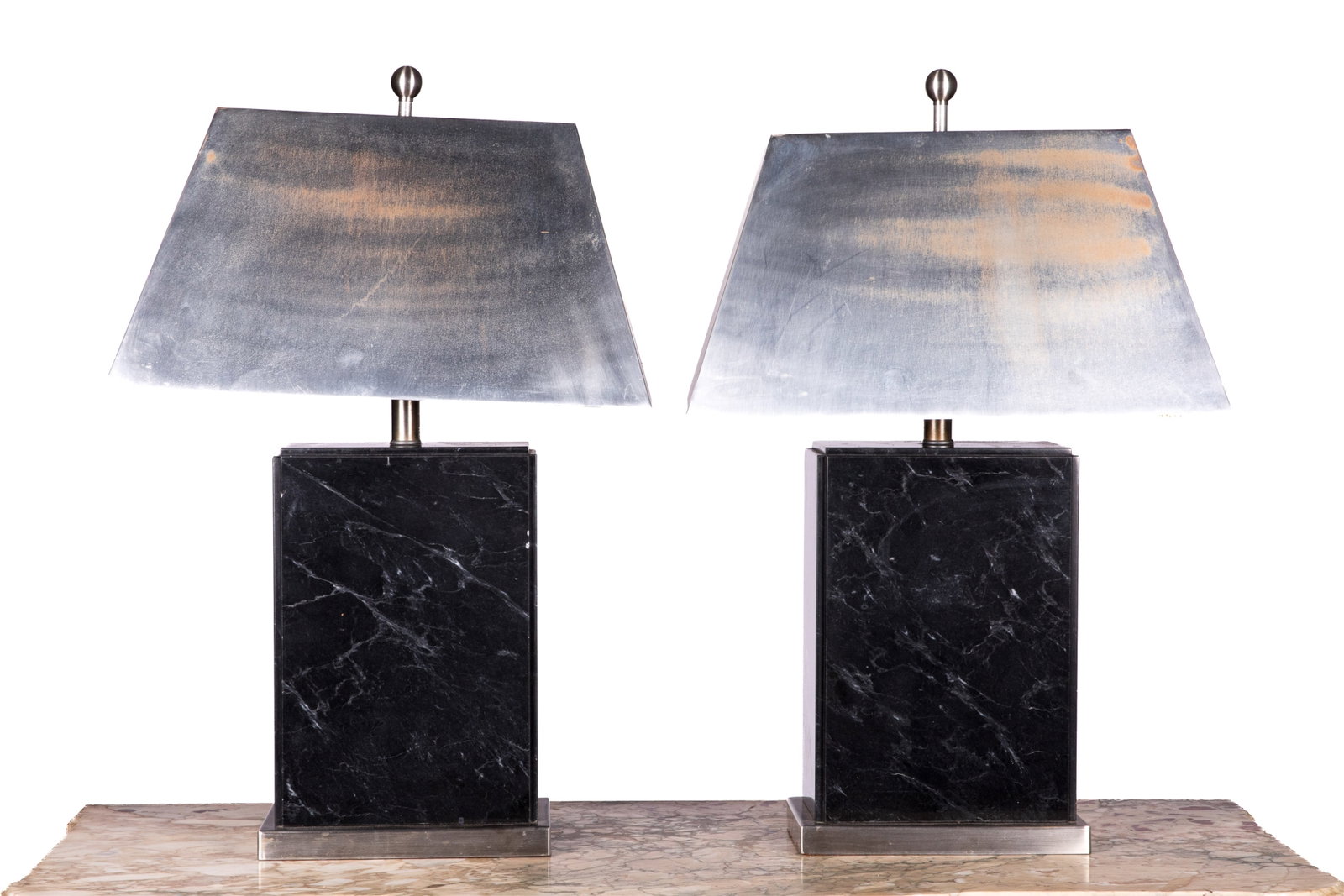 PAIR OF VINTAGE DECORATOR MARBLE TABLE LAMPS: Stepped black rectangular marble with chrome bases and silvered shades. Overall H 28in H 14in