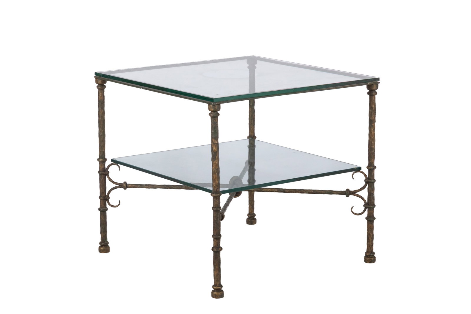 BRONZE AND GLASS SIDE TABLE: H 25in x W 28in x D 28in