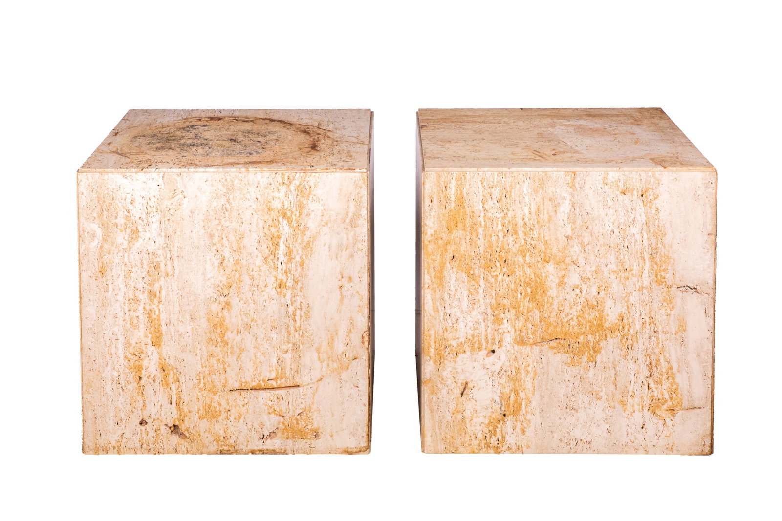 TWO LARGE TRAVERTINE CUBE PEDESTALS: Pair: H 24in x W 24in x D 24in