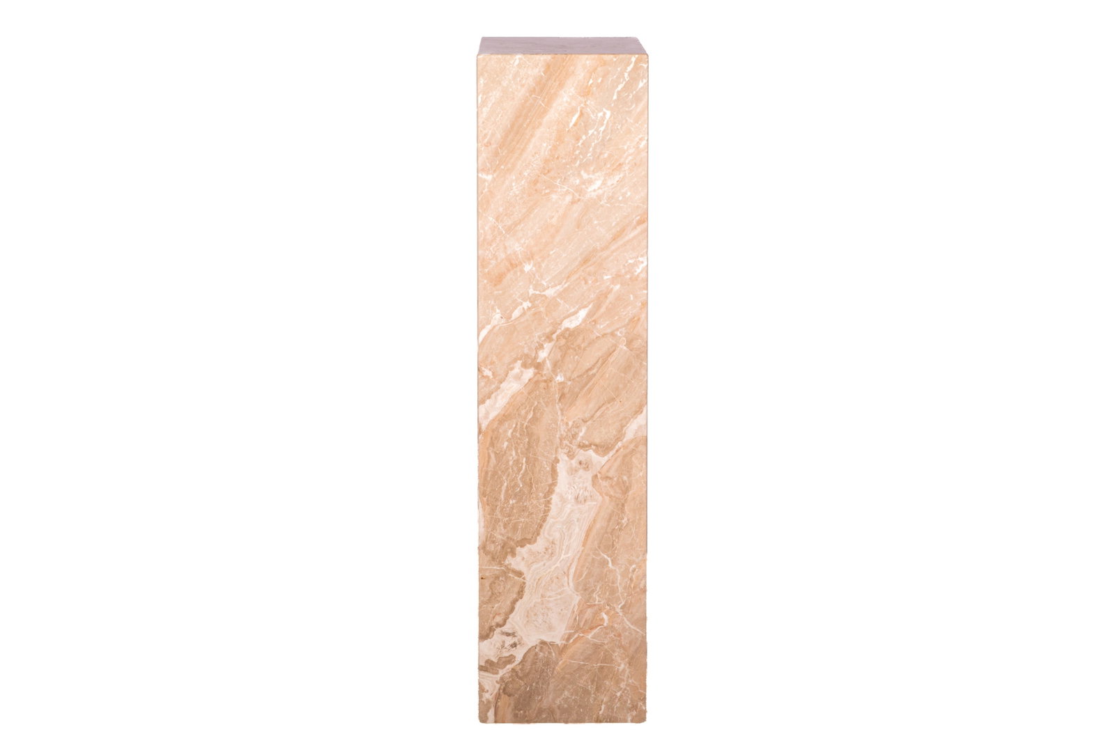 VERIGATED CREAM MARBLE PEDESTAL: Tall squared form. H 44in x W 11in x D 11in