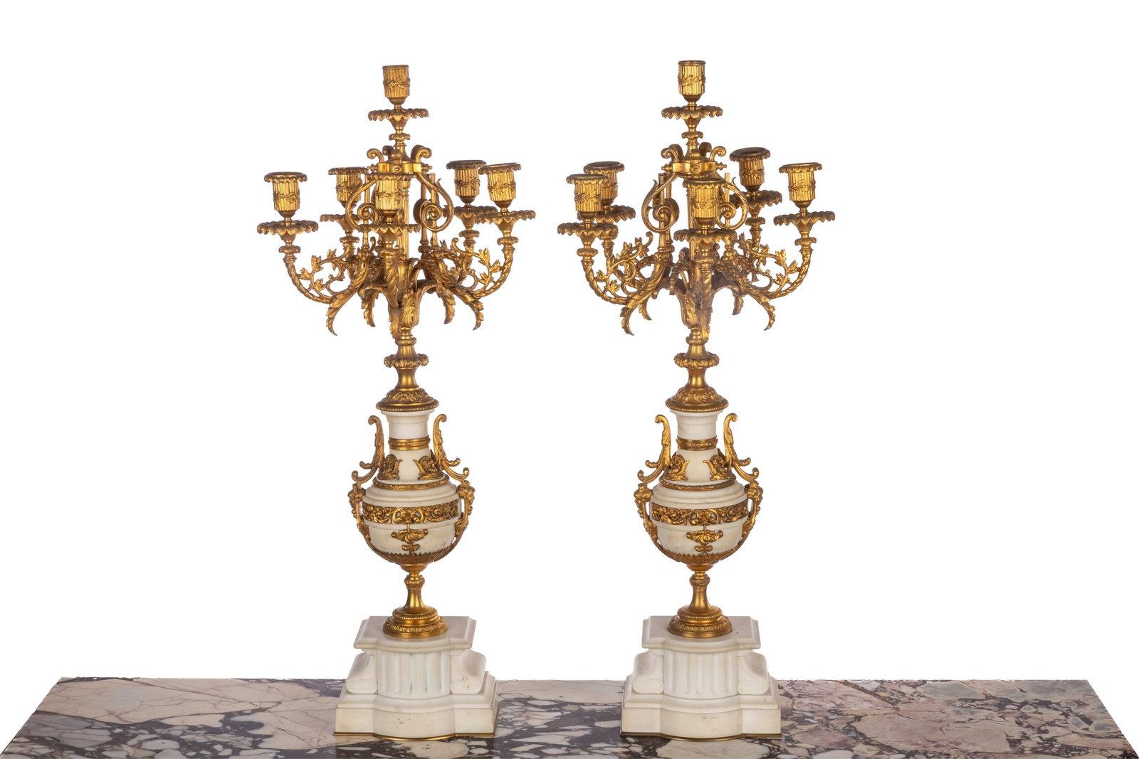 PAIR OF GILT BRONZE AND WHITE MARBLE CANDELABRA (1 of 3)