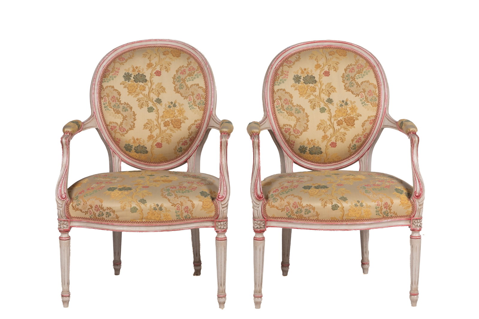 PAIR OF DEOCRATIVE FRENCH PAINTED CHAIRS: Floral and gingham upholstery, fun white and pink painted wood frames, 20th C. H 38in x W 25in x D 22in