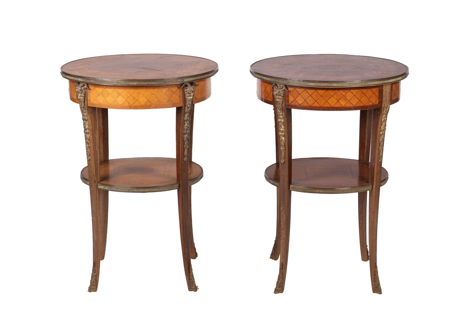 PAIR OF ITALIAN CIRCULAR SIDE TABLES: Fruitwood tables with parquetry tops and apron, bronze mounts. Italian, early 20th C. H 30 1/2in x Dia 22in