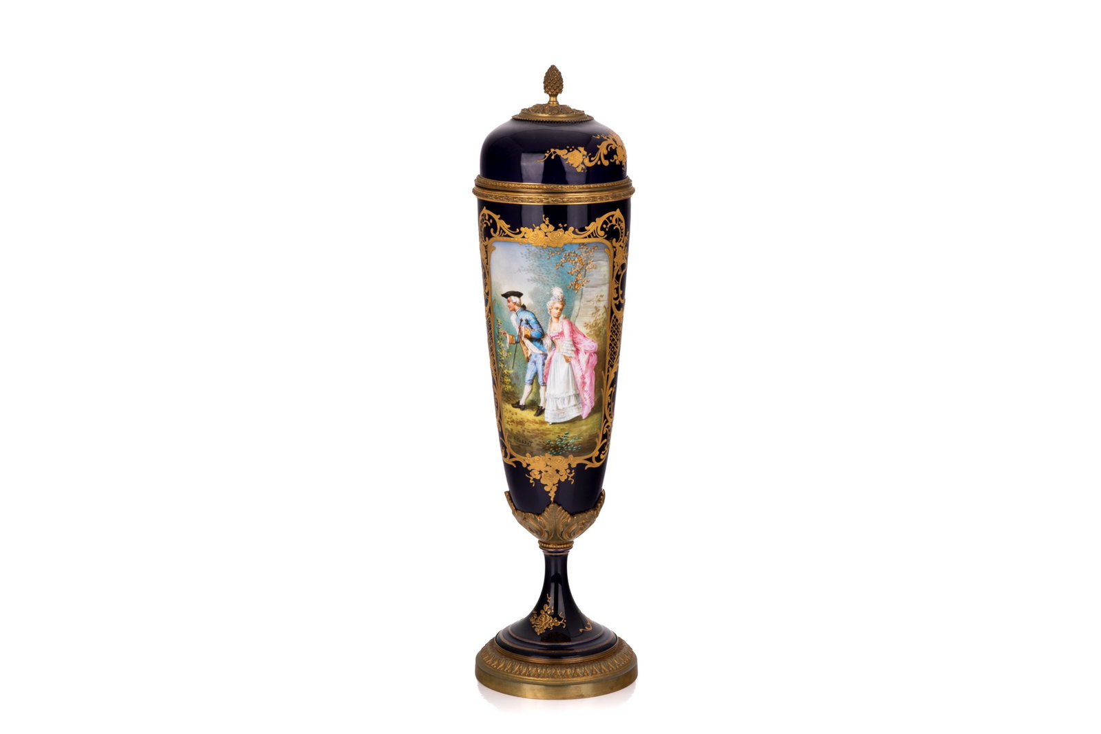 FRENCH BRONZE MOUNTED PORCELAIN URN: A large French S?vres-style porcelain covered urn, late 19th/early 20th century. The central reserve features a painted romantic scene signed by the artist "E. Collot." H. 18in (45.7cm)