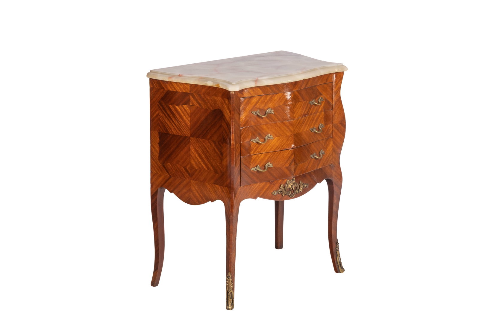 LOUIS XV MARQUETRY MARBLE TOP SIDE TABLE: Three drawer commode in fruitwood with bronze mounts and onyx top, early 20th C. H 27in x W 23in x D 14in