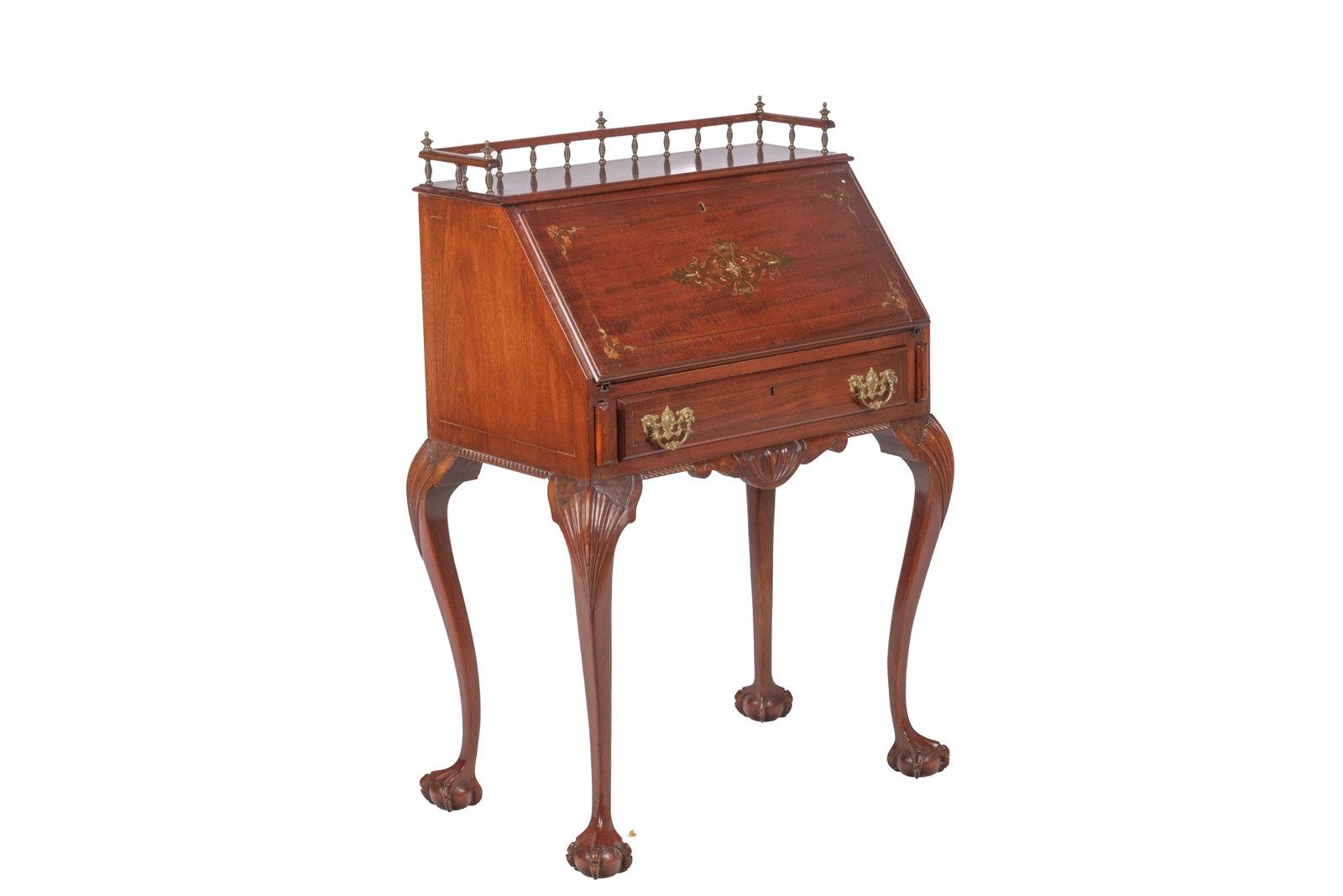 ANTIQUE MAHOGANY DROP FRONT DESK: Inlay detail to the desk front, shell capped claw feet and decorative gallery, early 20th C. H 39 1/2in x W 25 1/2in x D 18in