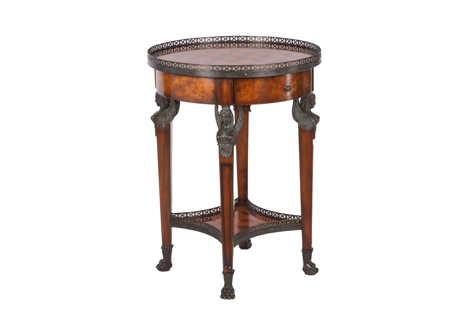 THEODORE ALEXANDER BRONZE MOUNTED SIDE TABLE: Burled wood table with checkerboard top, single drawer and Egyptian revival bronze topped legs and feet. H 30in x Dia 22in