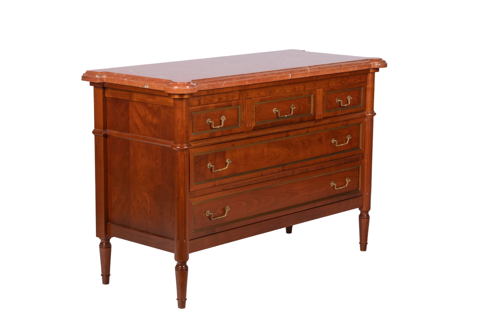 FRENCH FRUITWOOD MARBLE TOP THREE DRAWER CHEST: 20th C in the construction of antique, drawers fitted with brass banding, pink marble top. H 33in x W 47in x D 19in