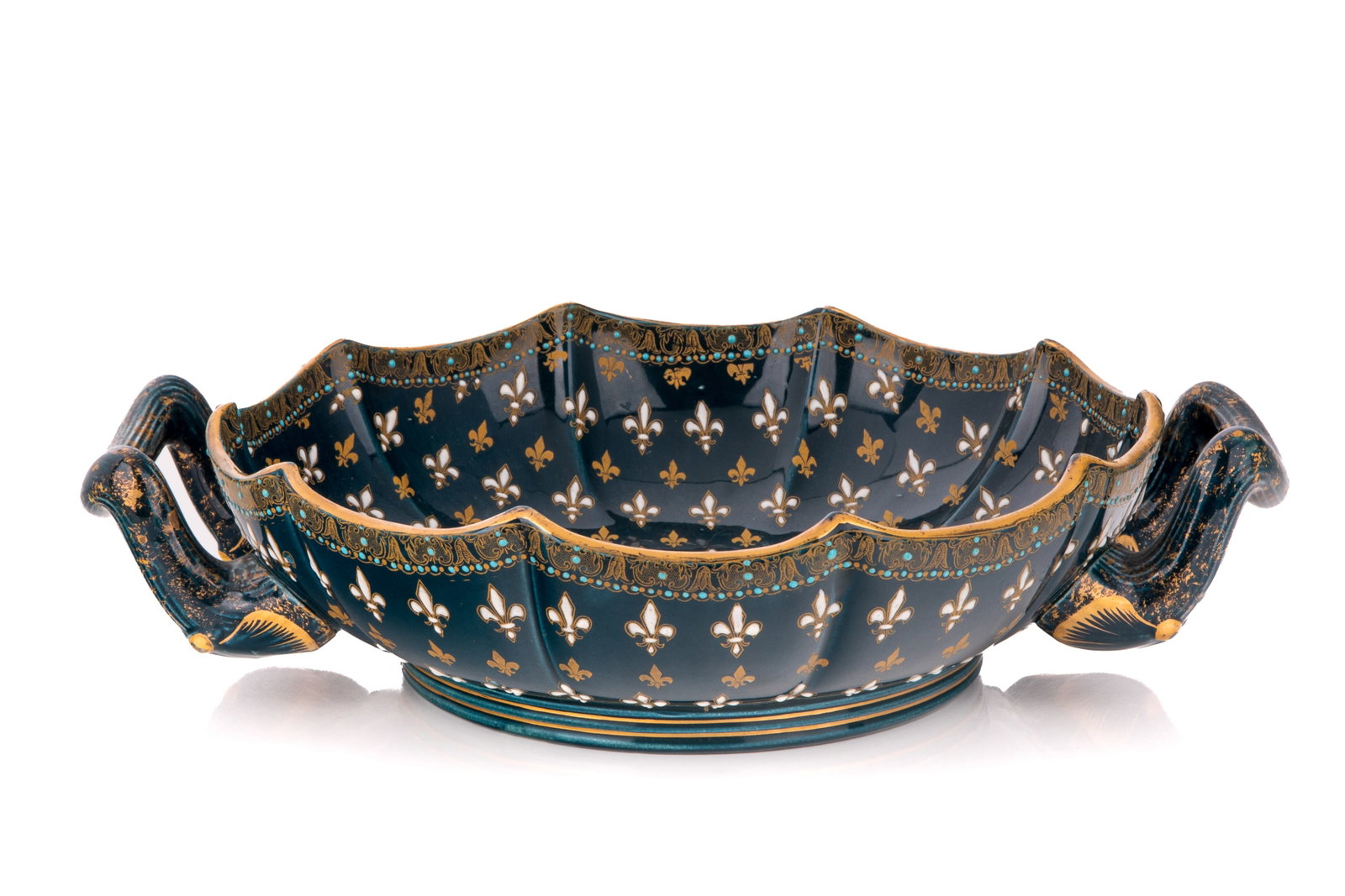 FRENCH POTTERY DOUBLE HANDLED CENTRE BOWL: Footed center bowl, featuring a brilliant "Bleu de Gien" teal-cobalt glaze. The interior is ornately decorated with a repeating, alternating gold and white enameled Fleur-de-lis motif, bordered by a