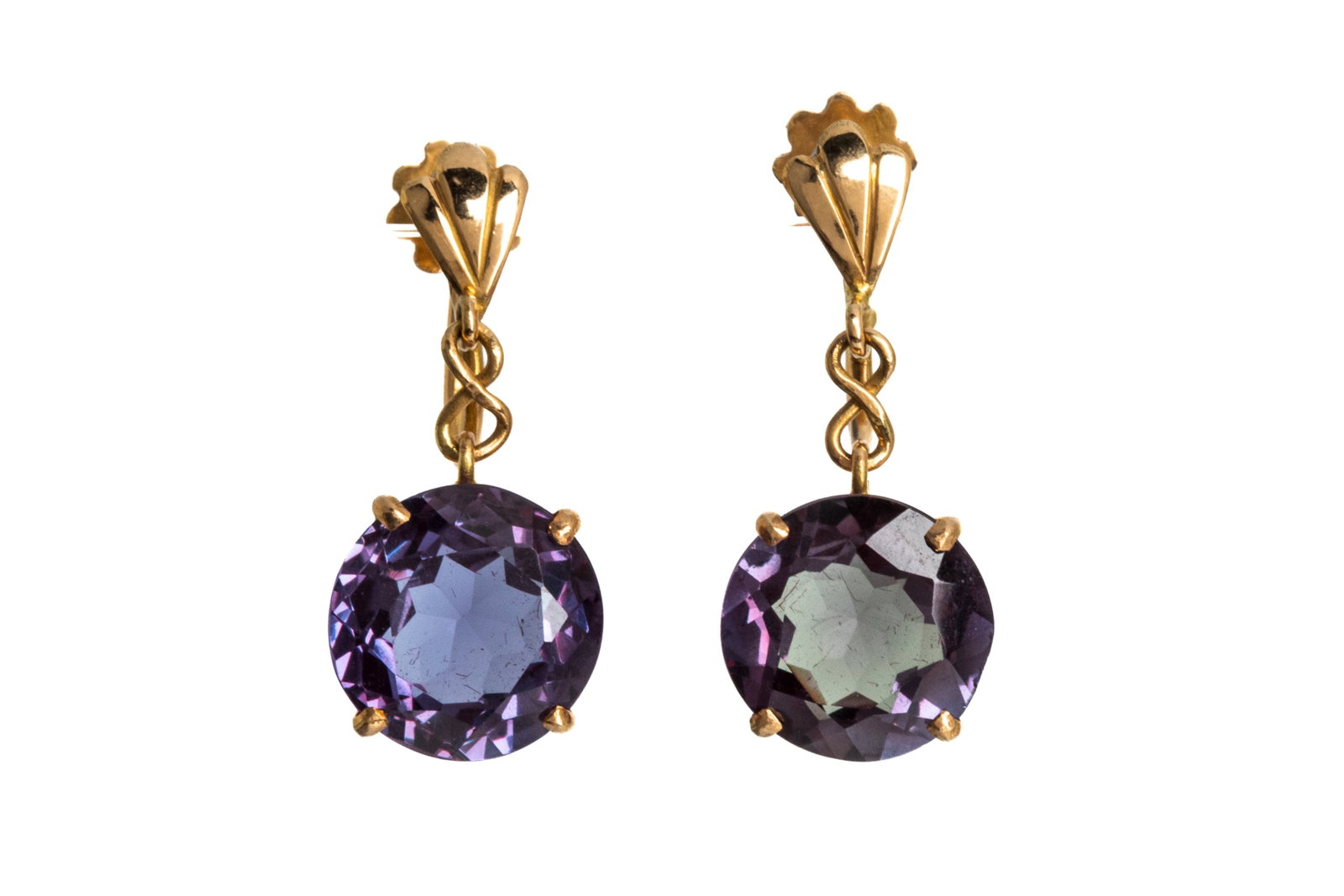 18K VINTAGE DROP EARRINGS w BOX, BEIRUT 7.3g: 18K yellow gold drop earrings measuring 27.2mm long equipped with screw-backs. Featuring 2 round brilliant cut purple sapphires measuring approximately 12mm wide. 7.3 grams Accompanied by original A. 
