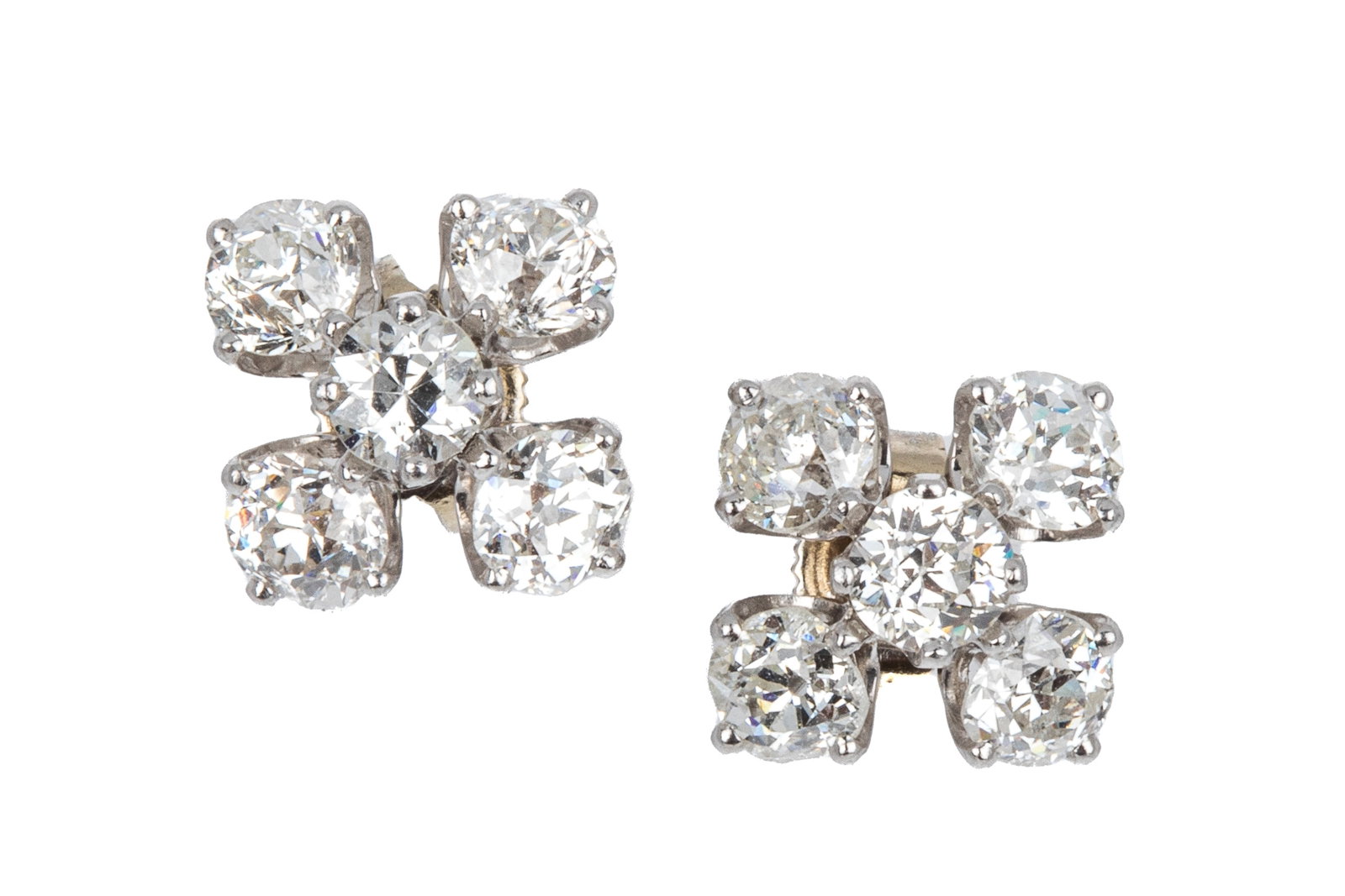 PLAT & 14K 2.20ctt ANTIQUE DIAMOND EARRINGS 3.2g: Platinum earrings measuring 9.3mm wide, equipped with 14K white gold posts and medium weight friction backs. Featuring 10 old mine and old European cut diamonds equaling approximately 2.20cttw