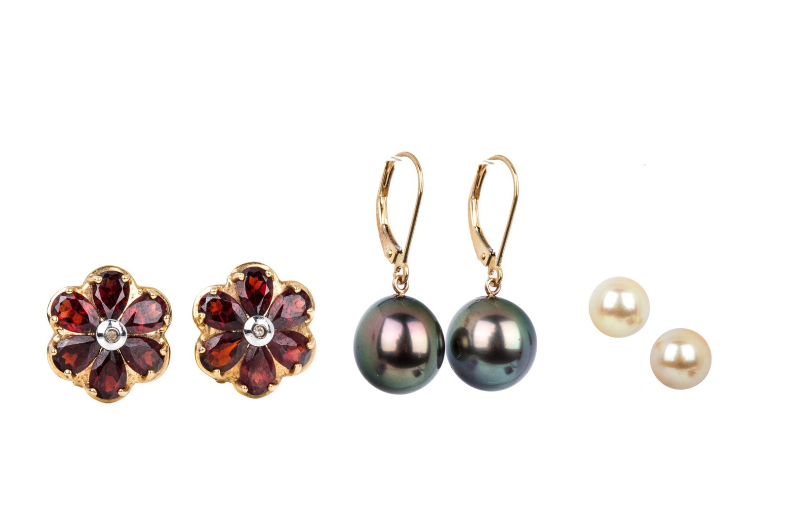 3 PAIRS GOLD PEARL & GEMSTONE EARRINGS 11g: 1 pair 18K yellow gold pearl drop earrings measuring 27.7mm long, featuring 11.2mm wide Tahitian pearls, mild dimpling/ringing, good very good luster, green and purple overtones. 4.9 grams. 1 pair