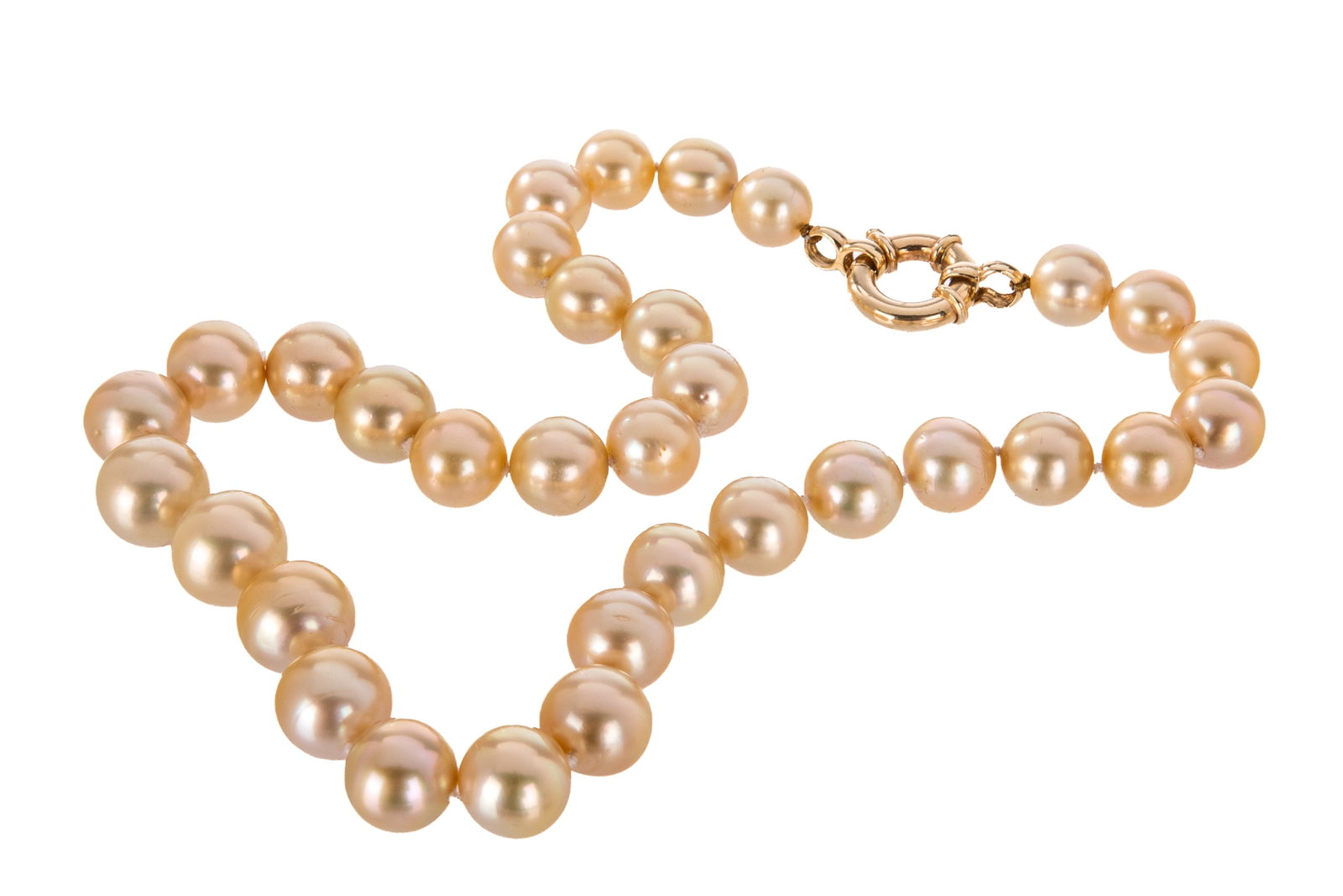 GRADUATED SOUTH SEA GOLDEN PEARL STRAND, 20 INCHES: Graduated 20 inch long knotted strand of well-matched South Sea pearls measuring 12 to 16mm wide, round and near-round, excellent to very good luster, lightly to moderately spotted, rose and green