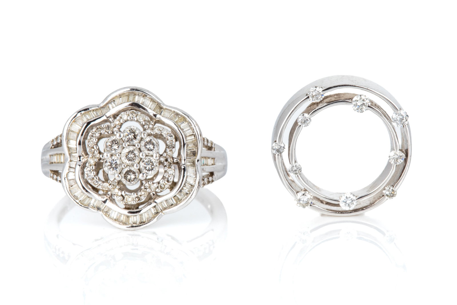 10K WHITE GOLD & DIAMOND PENDANT & NECKLACE 5.8g: 10K white gold slide pendant measuring 15.8mm wide by 4.1mm thick. Featuring round brilliant cut diamonds of I1-HI quality. 2.1 grams 10K white gold floral cluster ring measuring 16mm wide by 7.4mm