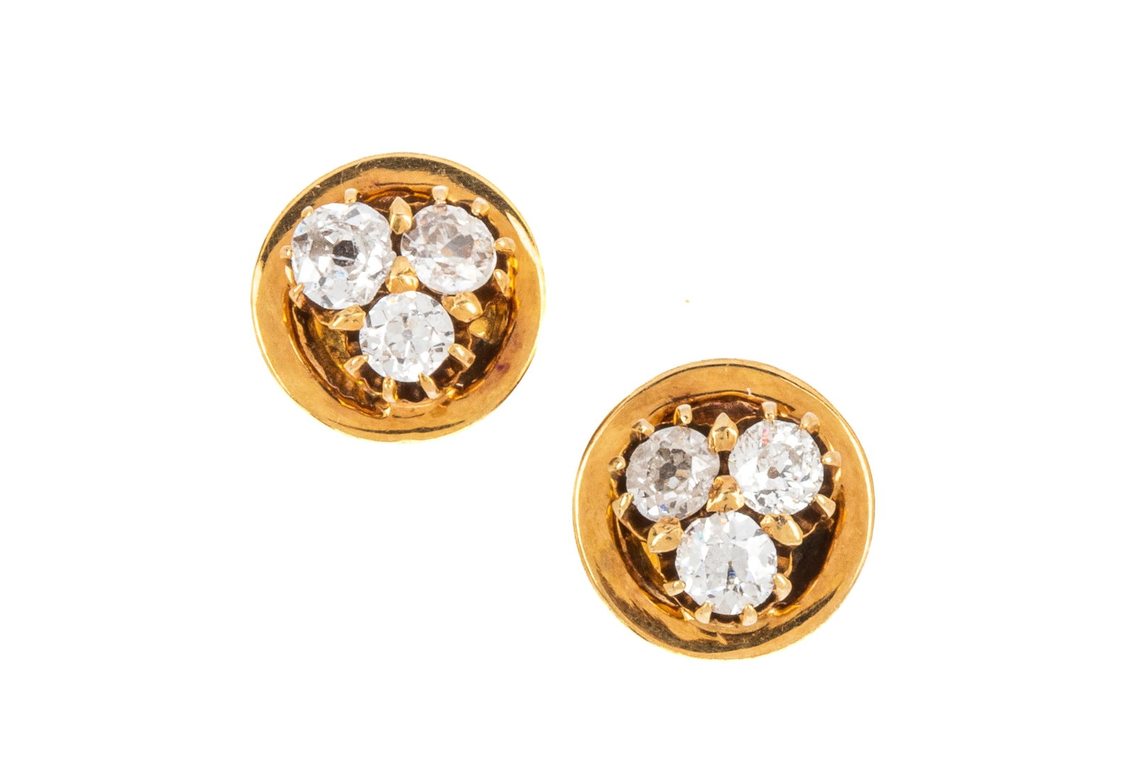 14K GOLD & ANTIQUE DIAMOND EARRINGS 3.2g: Yellow gold hand made earrings testing approximately 14K, measuring 9.4mm in diameter. Equipped with threaded posts and backs. Featuring 6 old mine cut diamonds. 3.2 grams