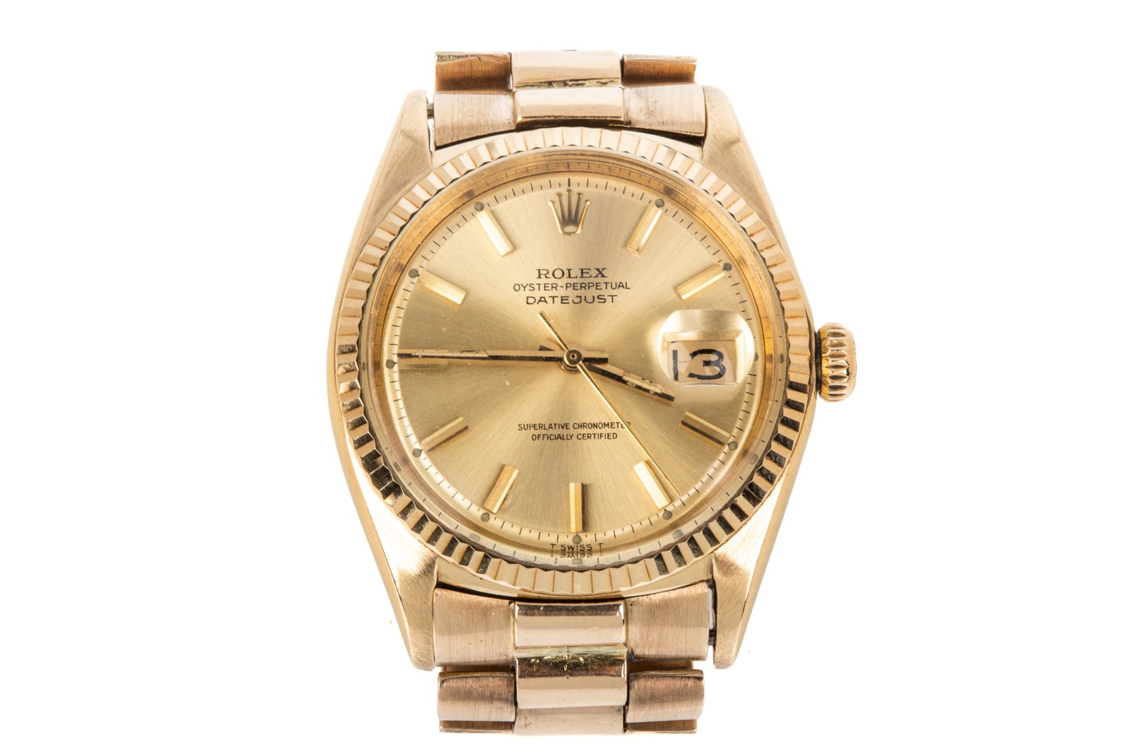 18K ROLEX DATEJUST 36 1601, 14K BRACELET 105.6g: Vintage 1966 18K yellow gold Rolex Datejust 36 wristwatch, model 1601, serial number 1526285, 14K yellow gold after-market President-style bracelet. Featuring plastic crystal with Cyclops magnifying w