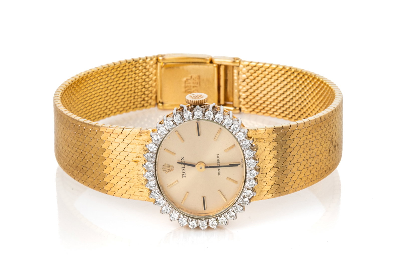 18K & DIAMOND ROLEX MECHANICAL COCKTAIL WATCH 1537: Vintage 1973 18K yellow and white gold Rolex mechanical cocktail watch, model 1537, serial number 3214606. Measuring 6.75 to 6.5 inches wearable length. Oval case measuring 24.4mm wide by 21.8mm long