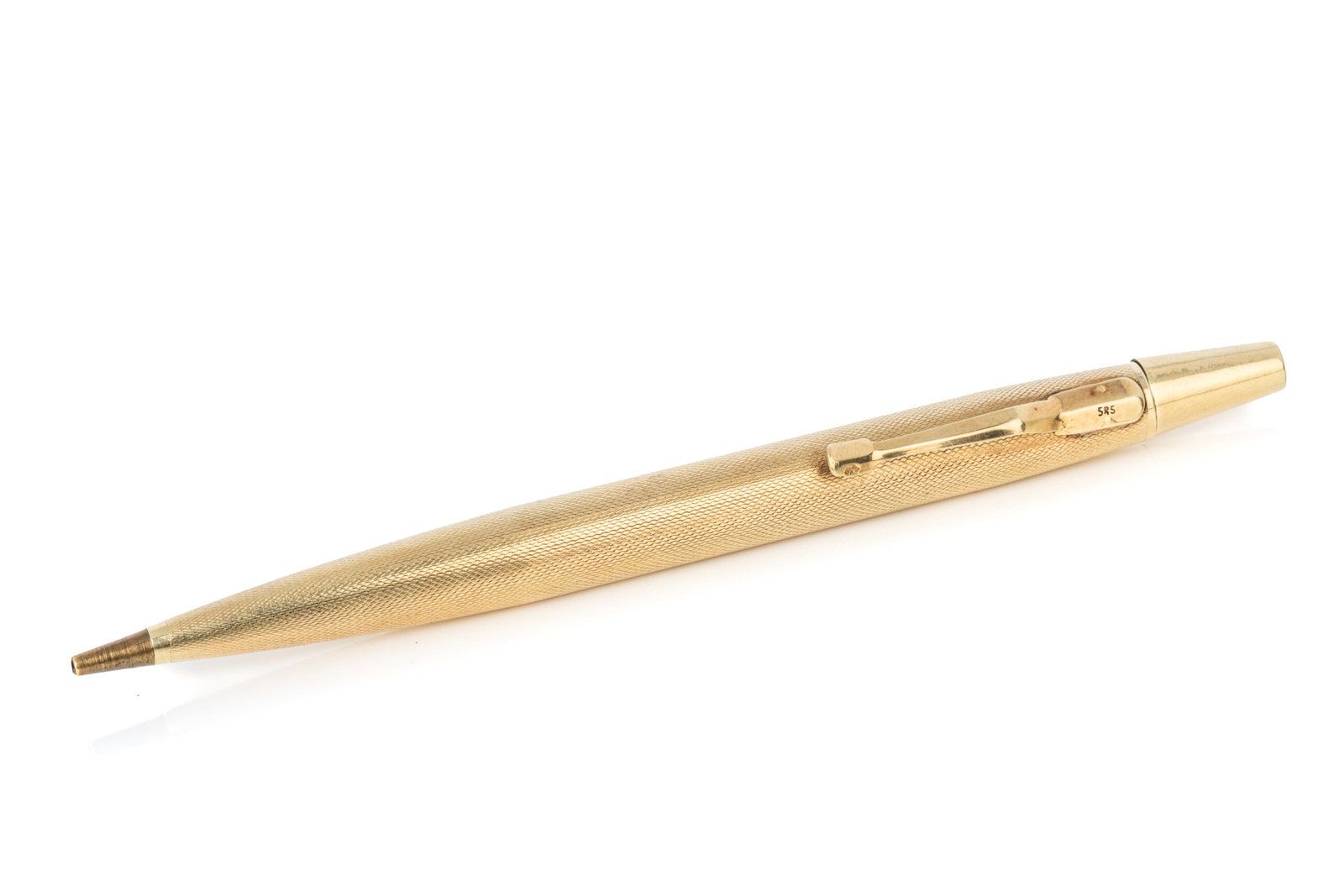 14K GOLD MECHANICAL PENCIL 21.2g: 14K yellow gold pencil measuring 4.75 inches long by 9.1mm wide (at grip). Thread-off top reveals base-metal led-storage tube. 21.1 grams total weight