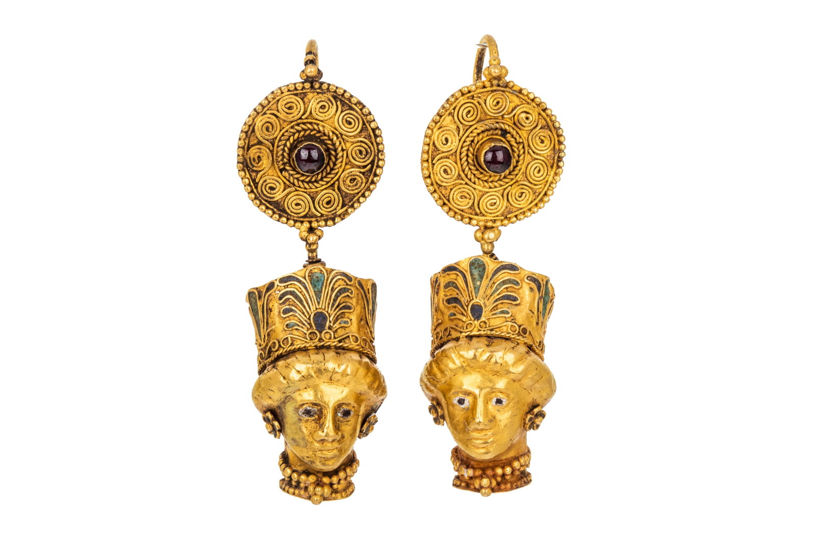 PAIR OF HELLENISTIC EAR PENDANTS OF WOMEN'S HEADS: Hellenistic drop ear pendants in the form of women's heads, crowned and wearing flower earrings and 2 necklaces. Measuring 59mm total length. 22K gold. Heads measure 30.2mm by 17.7mm by 18.7mm, made i