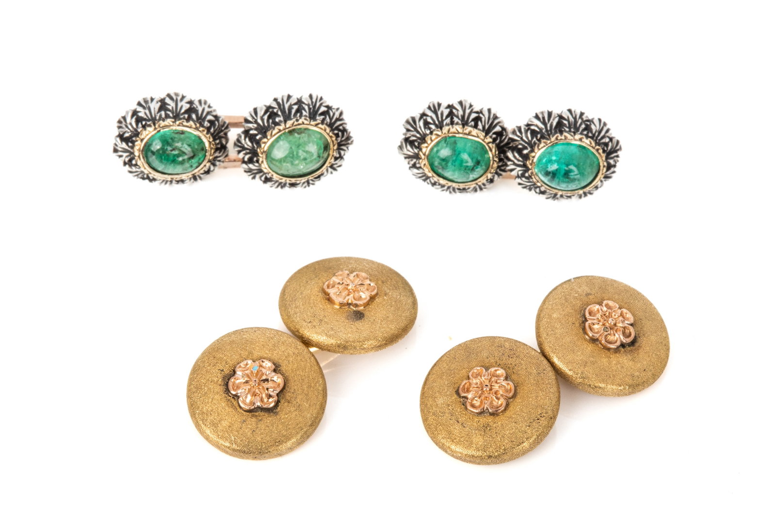 2 PAIRS ANTIQUE GOLD CUFFLINKS 18K, 10K, STERLING: Antique 18K yellow gold and sterling silver emerald buttons converted into French-cuff cufflinks with 10K rose gold open link. Buttons measure 10.3mm long by 9.2mm wide, links measure 15mm long by 4.4