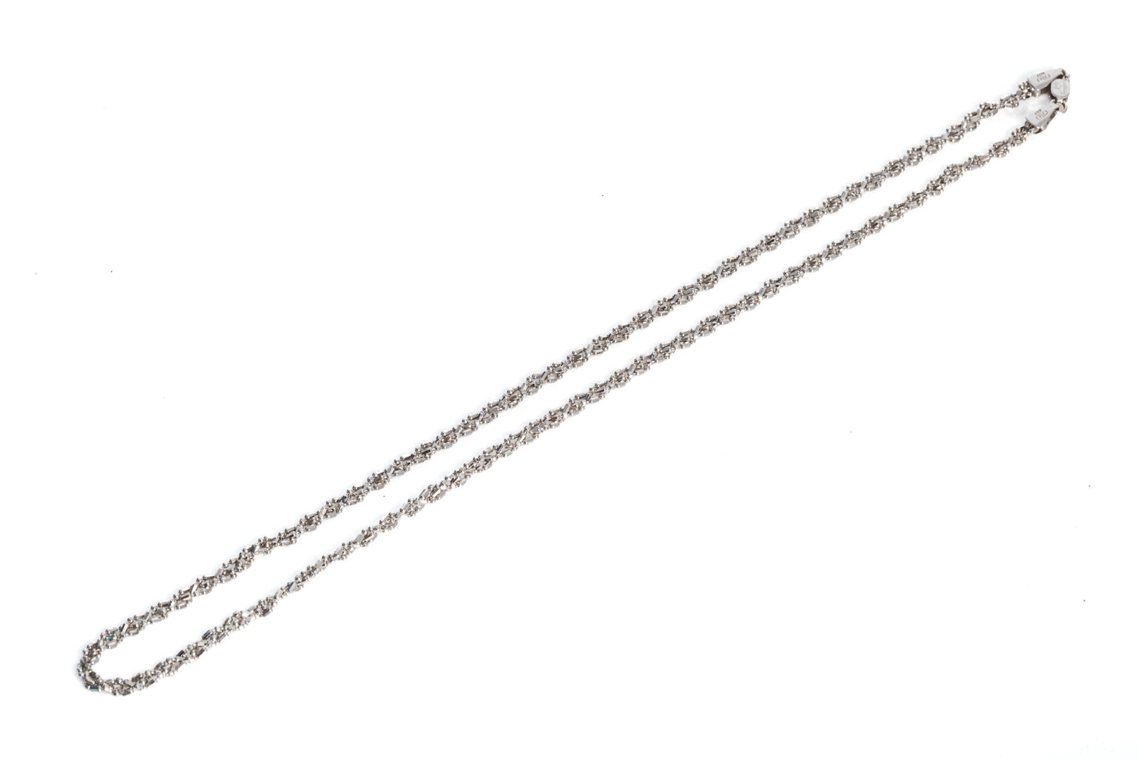 16 INCH LONG 18K WHITE GOLD WOVEN BEAD CHAIN 5.7g: 18K white gold Tchnigold Italy woven bead chain measuring 16 inches long by 2.8mm wide. Equipped with end caps and branded lobster clasp. 5.7 grams