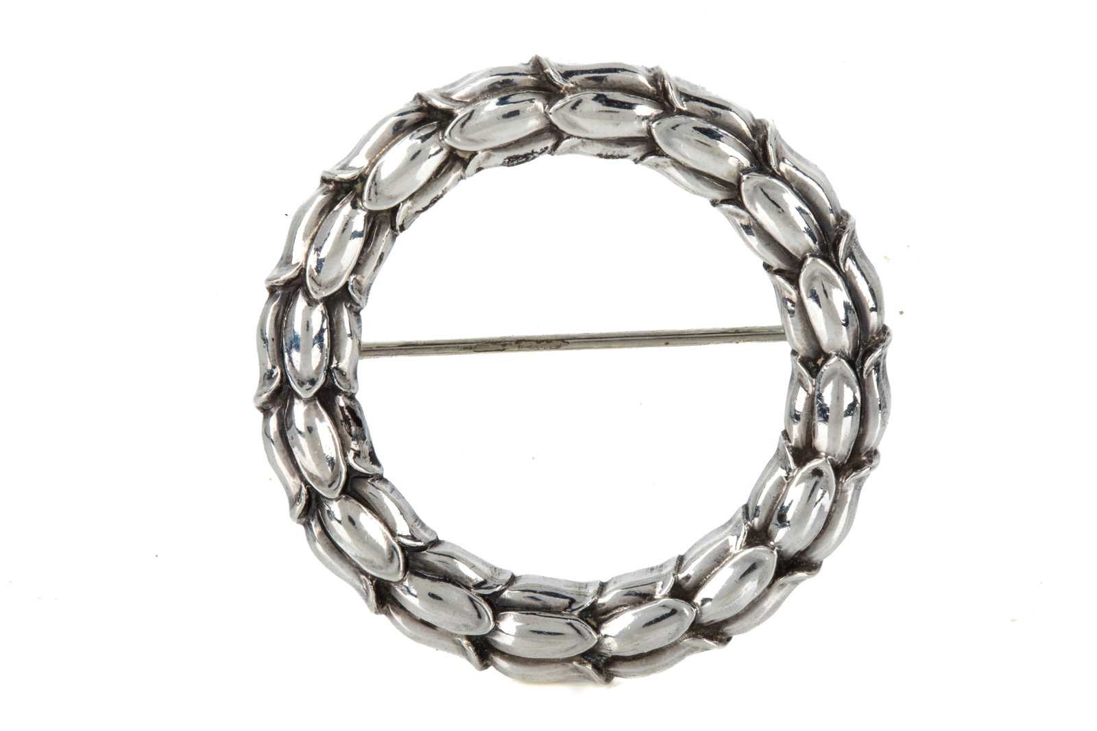 GEORG JENSEN & SIGVARD BERNADOTTE WREATH BROOCH: Georg Jensen sterling silver wreath brooch model 301, designed by Prince Sigvard Bernadotte of Sweden (the "Design Prince of Sweden"), in the 1930s. Post-1945 hallmarks, with round hinge and roll lock