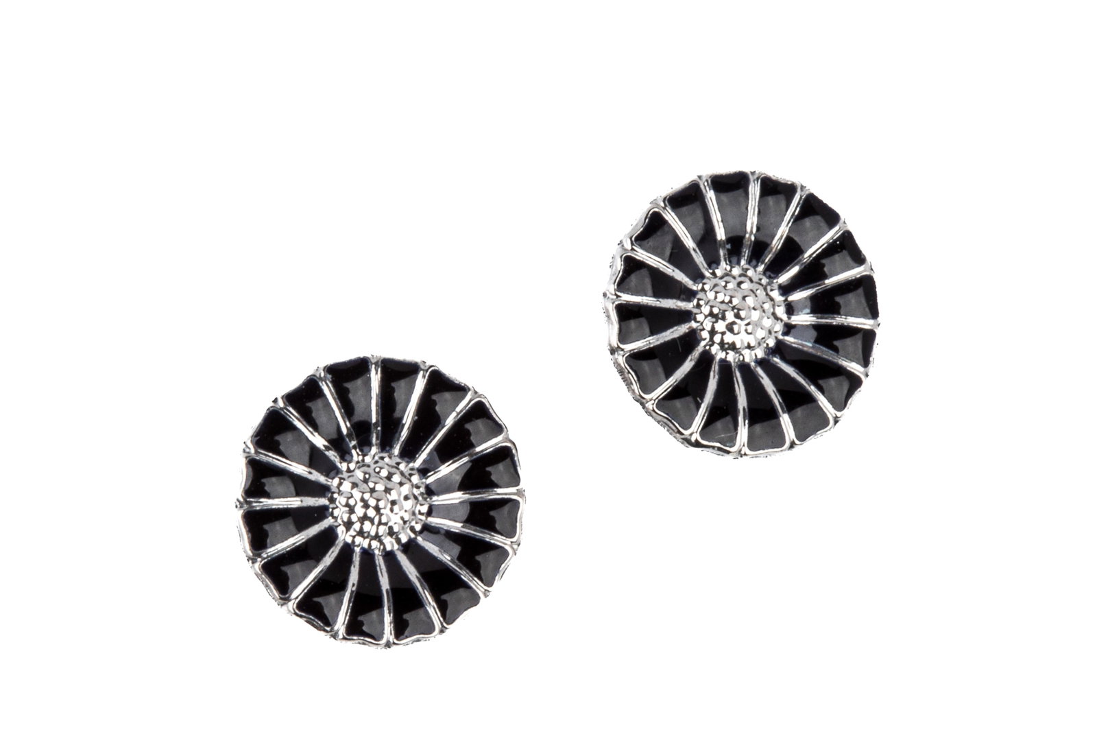 GEORG JENSEN DAISY EARRINGS, 925 & ENAMEL, BOX: Like-new Georg Jensen Daisy stud earrings measuring 11.5mm in diameter, decorated with black enamel, equipped with central posts and heavyweight friction backs. Accompanied by original like-new box. 2