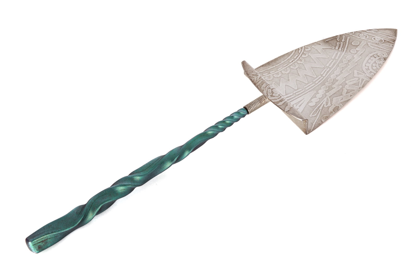 McALEESE AND WIGGINS CAKE SERVER: From the Toronto team of metal smiths David McAleese and Alison Wiggins comes this unusual cake slice. With a sterling textured blade and twisted and dyed Niobium handle. Length 12.25 in 31 cm