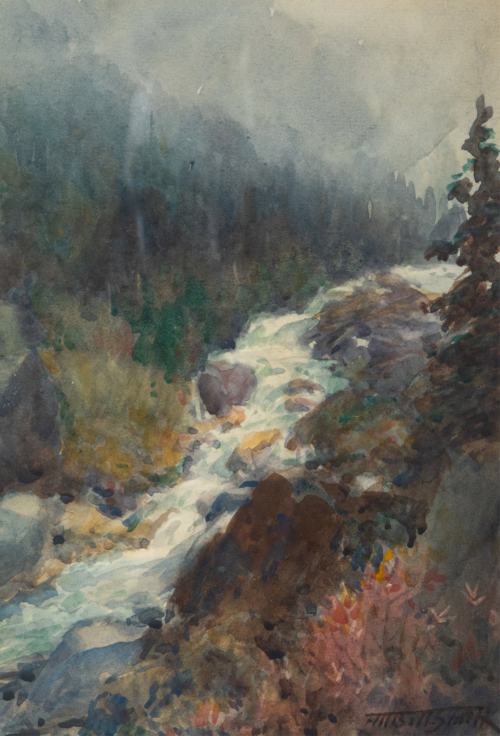 FREDERIC MARLETT BELL-SMITH (Canadian, 1846-1923): A Glacier Cascade" Watercolour Signed bottom right Sight measurements: H. 9 3/4" x W. 6 3/4" Inscription to verso of frame: "A Glacier Cascade. / at the base of Mount Sir Donald .(Source of the 'Illec
