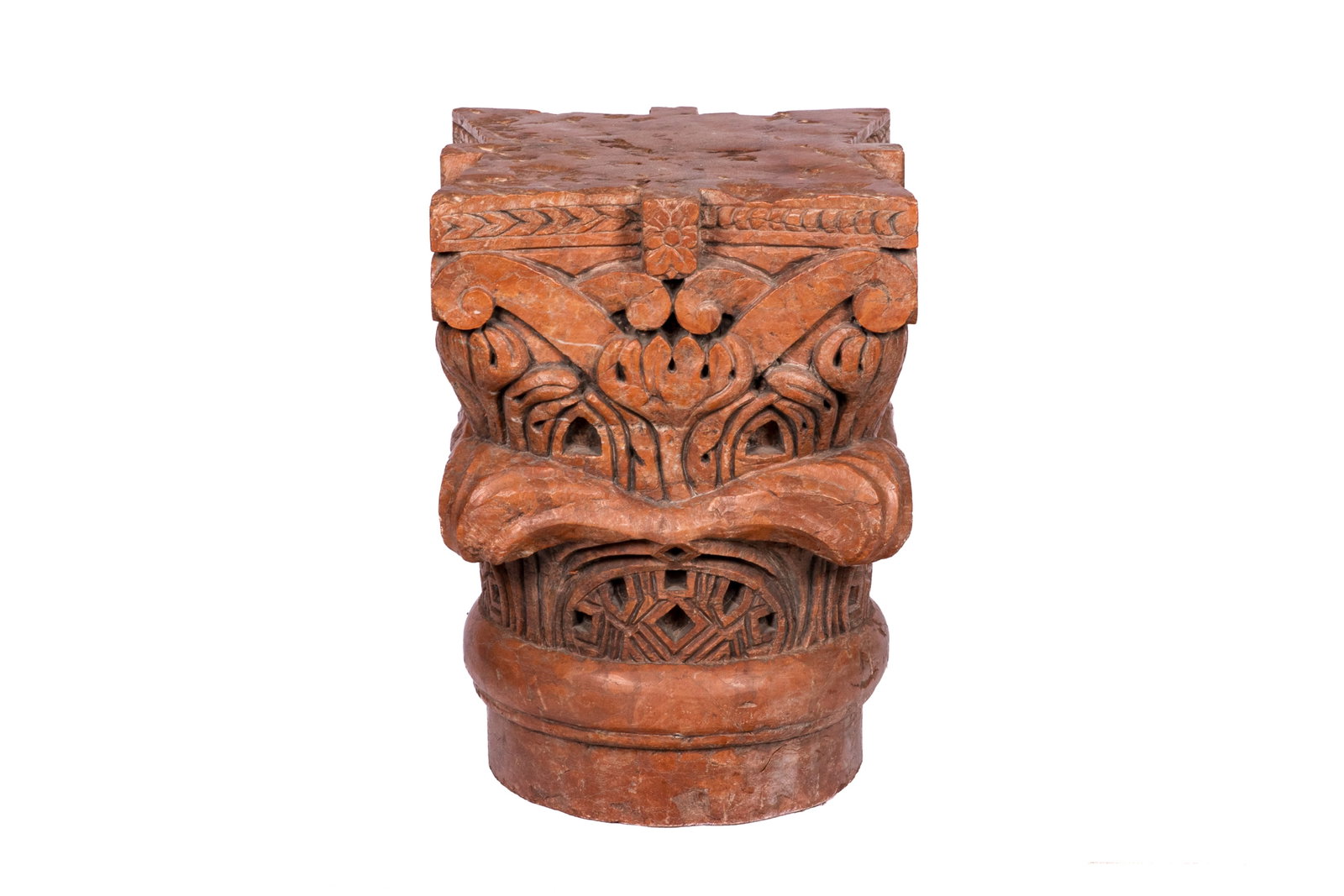 EASTERN RED MARBLE CARVED COLUMN CAPITOL: H 21in x W 15in x D 15in