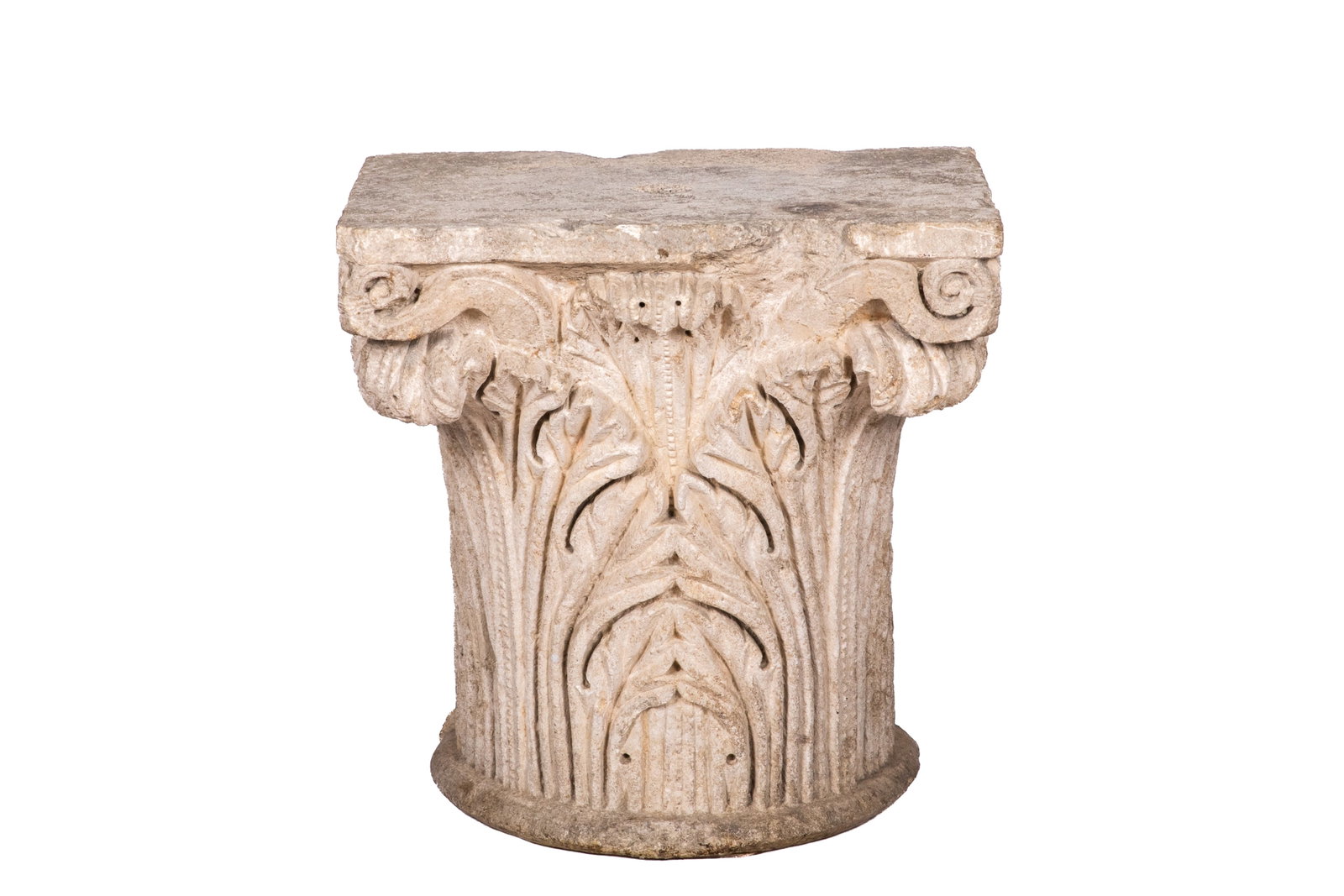 ANCIENT CARVED STONE COLUMN CAPITAL FRAGMENT: H 22in x W 21in x D 13in