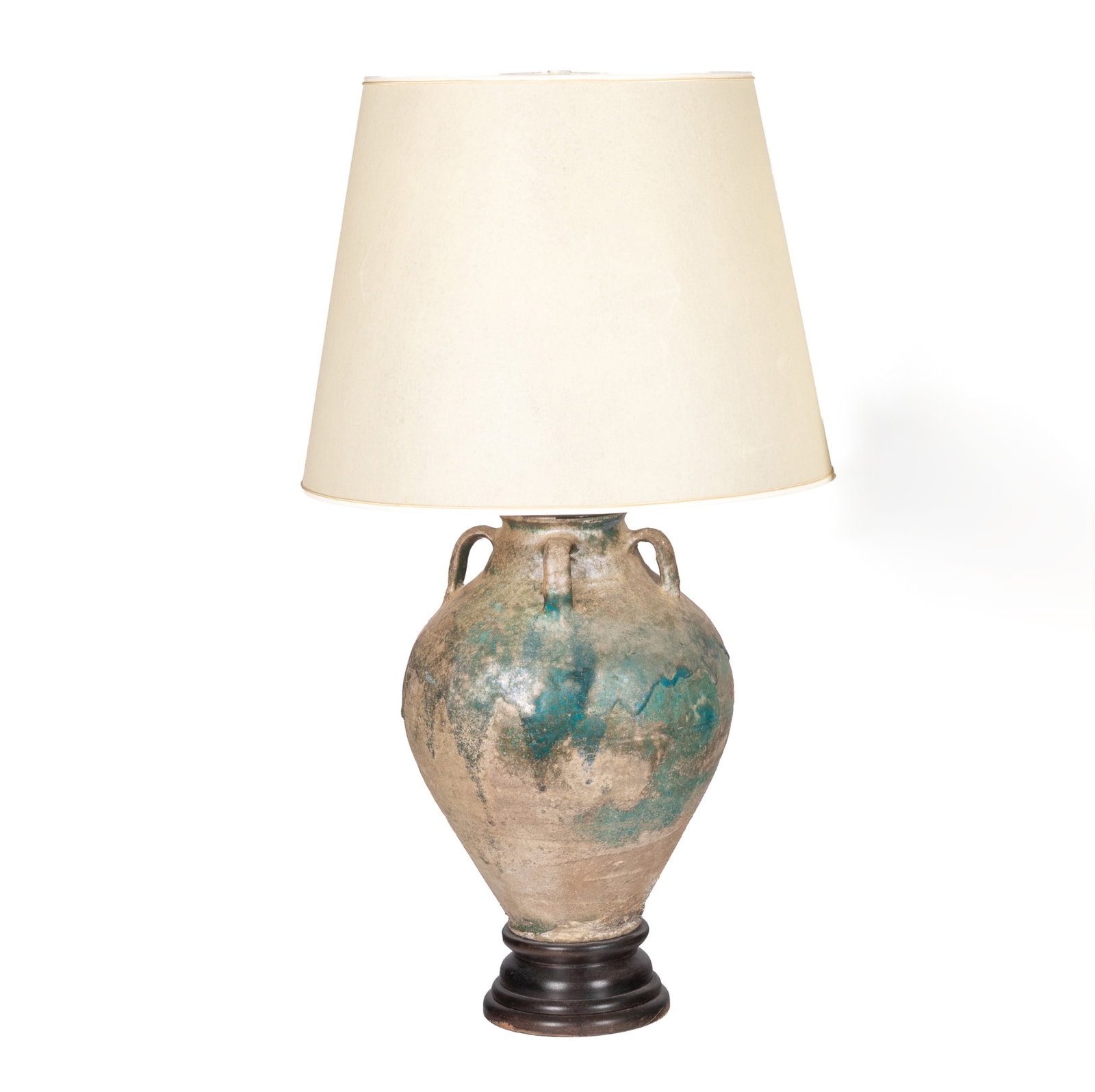EARLY TERRACOTTA FAIENCE GLAZED STORAGE JAR: To bottom of lampshade H. 22in (55.9cm) To top of lampshade H. 38in (96.5cm)