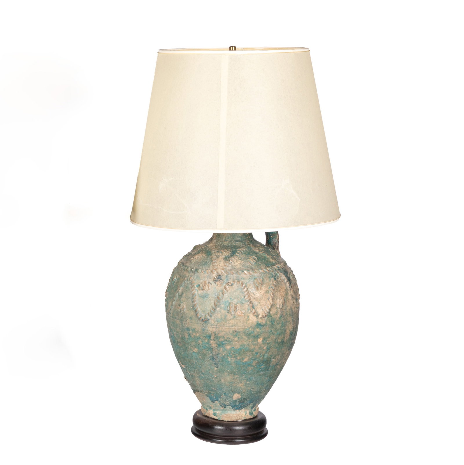 EARLY TERRACOTTA FAIENCE GLAZED STORAGE JAR: Probably from Basra To bottom of lampshade H. 22in (55.9cm) To top of lampshade H. 38in (96.5cm)