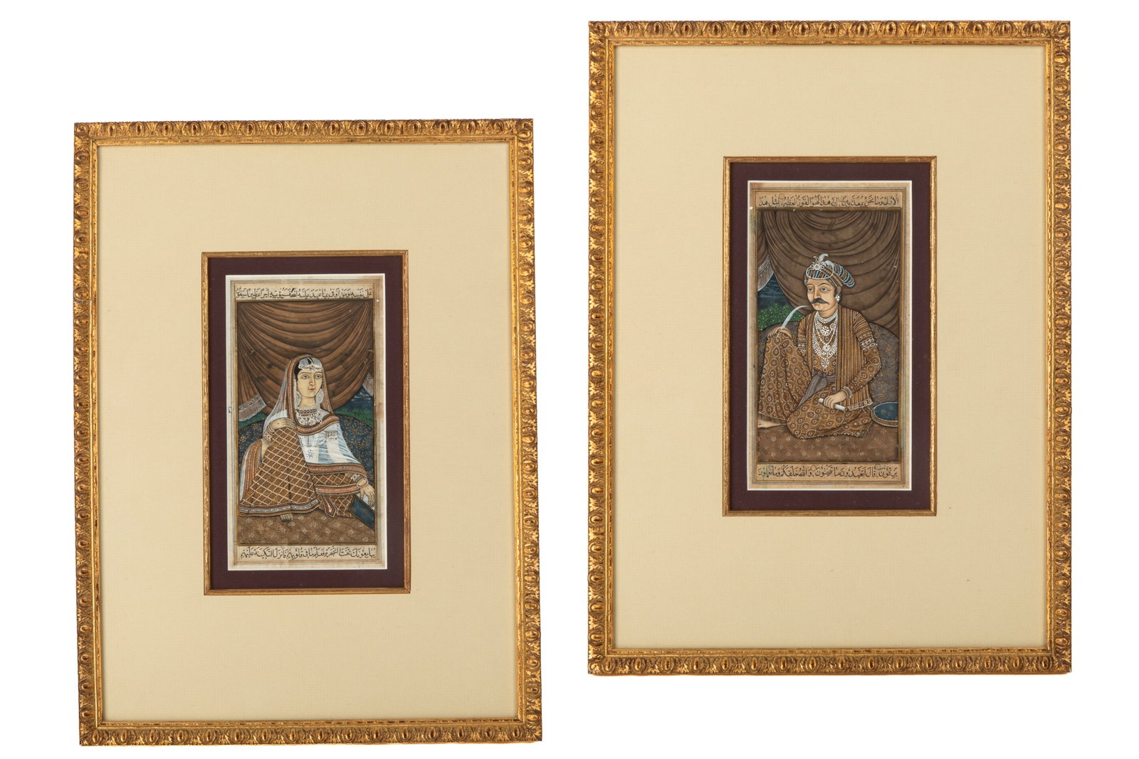 PAIR OF CLASSICAL MUGHAL MINIATURE PORTRAITS: Pair of portraits of a Mughal nobleman and noblewoman. Framed measurements: H. 15 1/4" x W. 11 1/4".