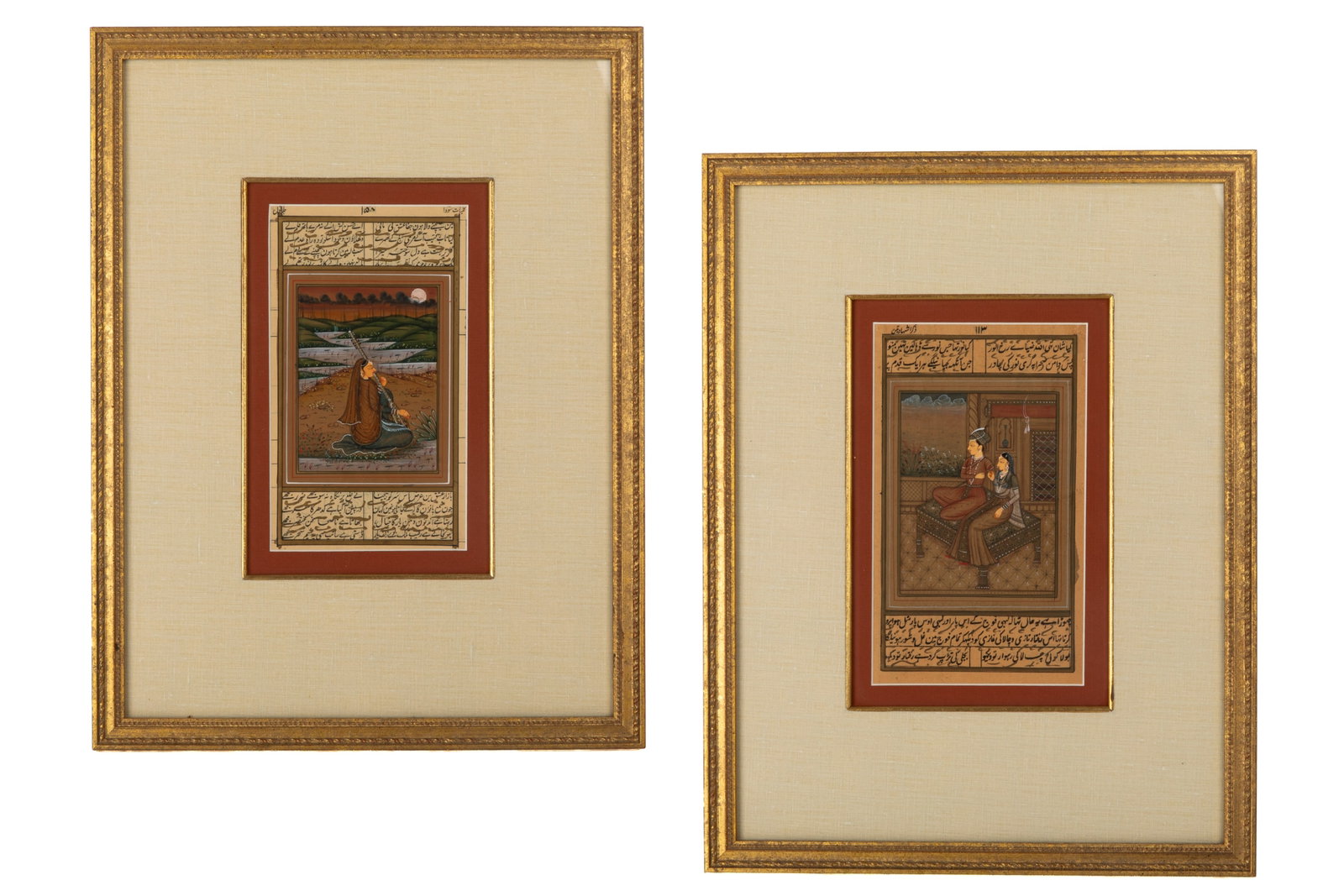 PAIR OF CLASSICAL MUGHAL MINIATURE PAINTINGS: Depicting a female musician performing for a nobleman and a noblewoman. Framed measurements: H. 17 1/2" x W. 13 1/2".