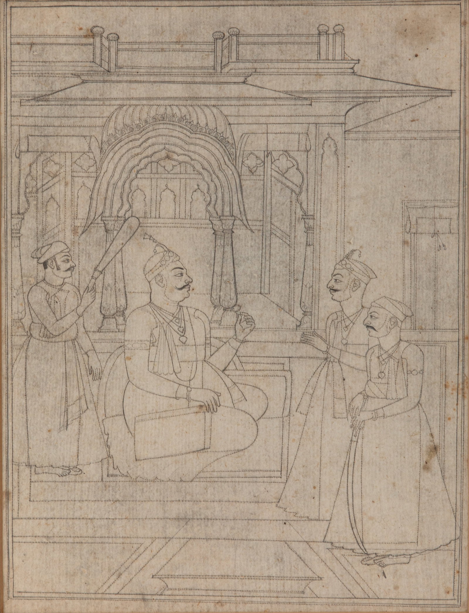 18TH CENTURY INDIAN CHARBA OF ASAF JAH: Late 18th century, Hyderabad State, India. Pencil and ink on paper, depicting Nizam Asaf Jah seated on a terrace flanked by attendants. A charba (pinpricked drawing) with pierced outlines throughout. 
